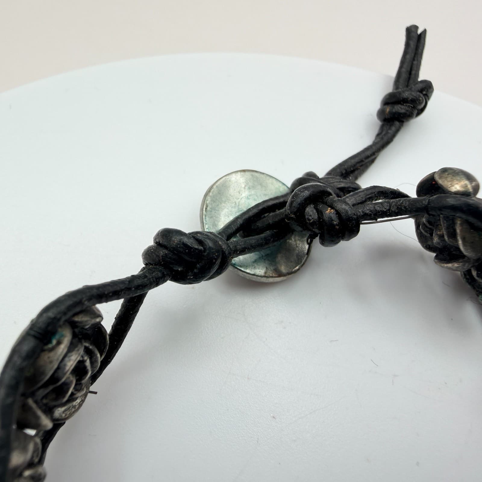 Vintage 90s Religious Saint Therese Charm Bracelet Black Leather Rose Beads - Thumbnail 7