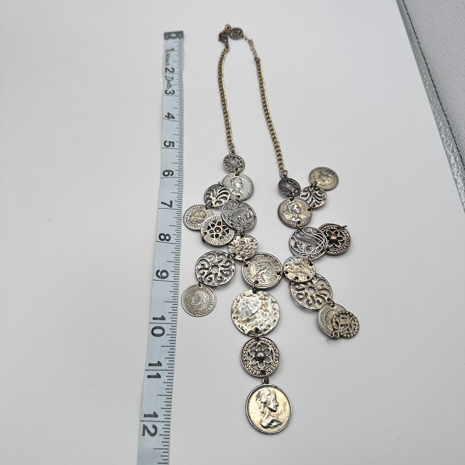 Vintage 80s Silver Tone Coin Medallion Statement Necklace Layered Tribal Jewelry - Thumbnail 9