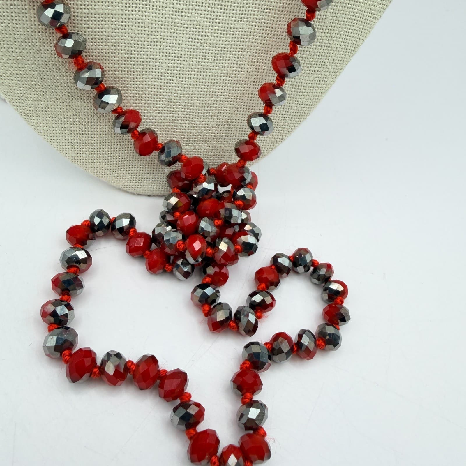 Vintage 90s Red Grey Beaded Necklace Long Flapper Knotted Women's Jewelry - Thumbnail 5