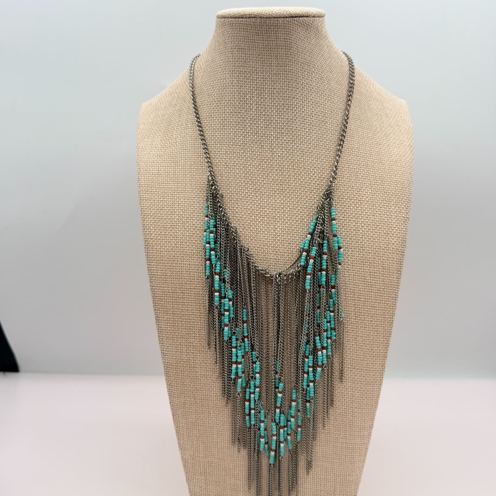 Vintage 90s Multi Strand Silver Tone Fringe Necklace Glass Beaded Boho Jewelry - Thumbnail 3