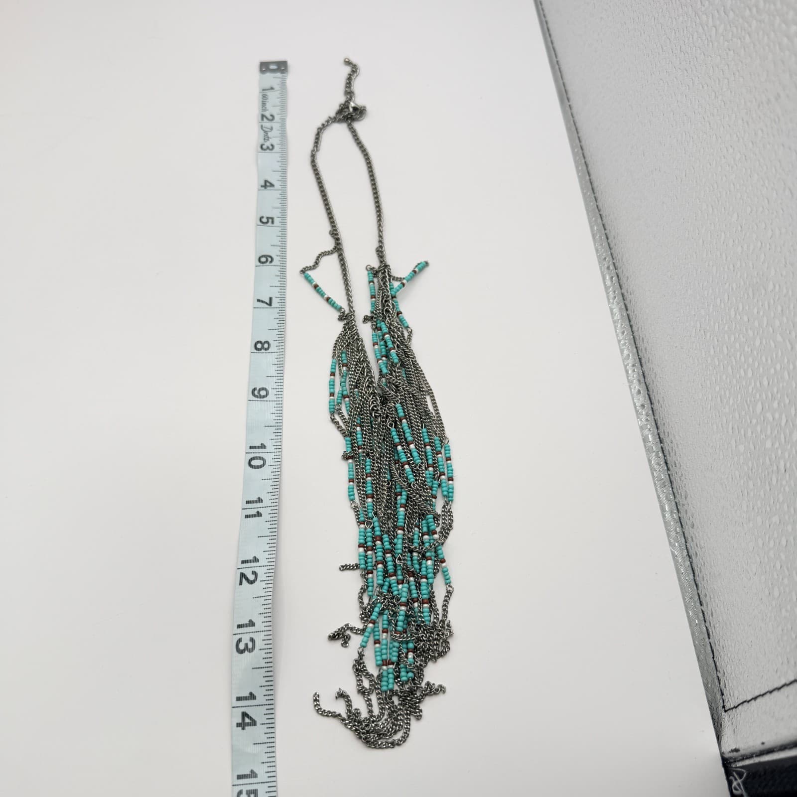 Vintage 90s Multi Strand Silver Tone Fringe Necklace Glass Beaded Boho Jewelry - Thumbnail 9