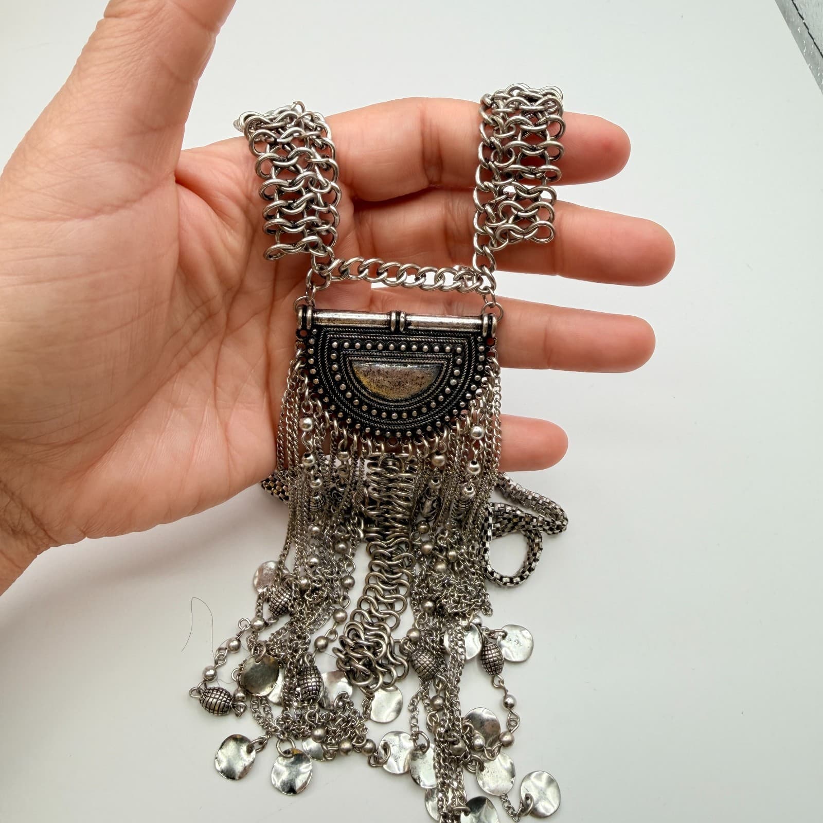 Vintage 90s Silver Tone Fringe Bib Necklace Statement Women's Classic Jewelry - Thumbnail 8