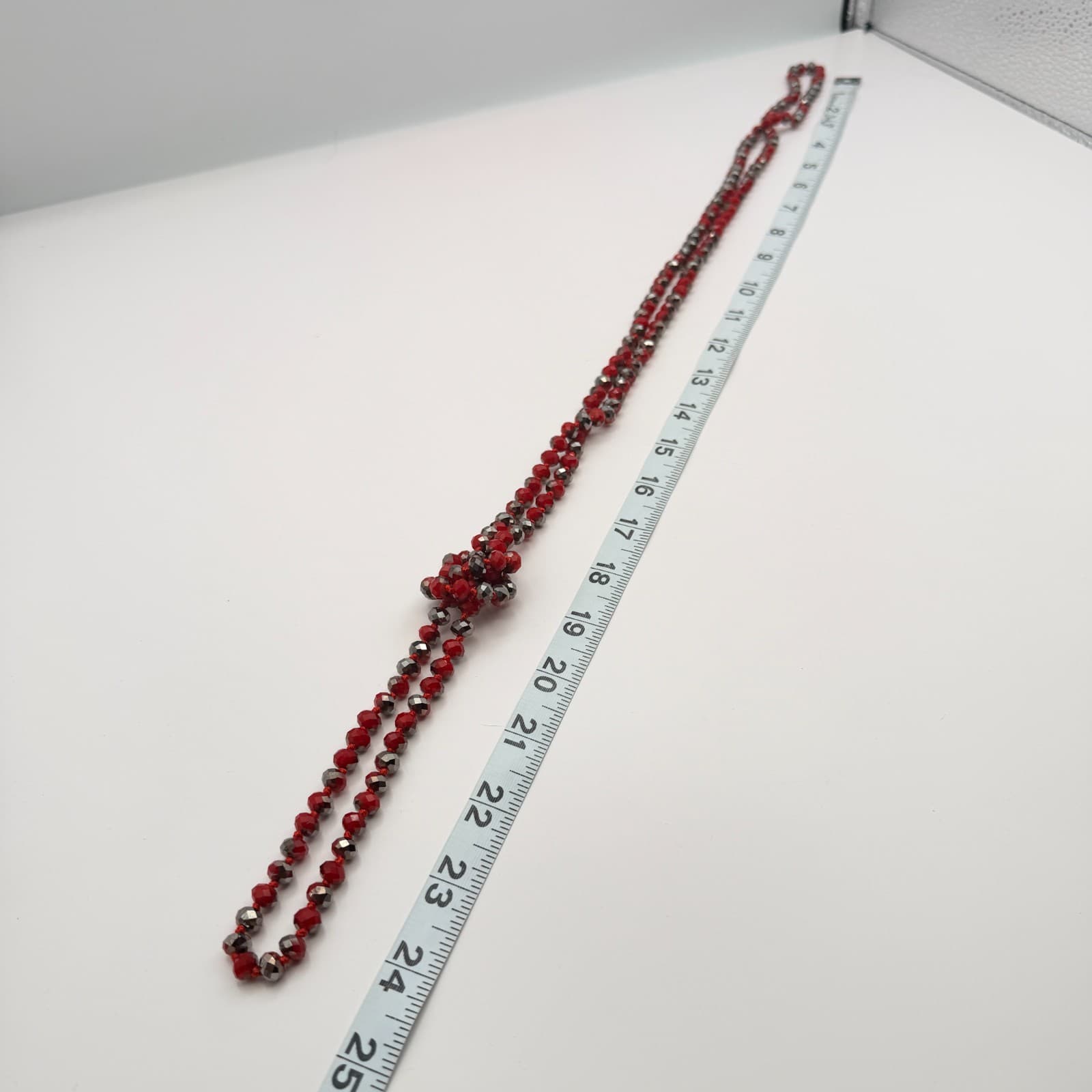 Vintage 90s Red Grey Beaded Necklace Long Flapper Knotted Women's Jewelry - Thumbnail 8