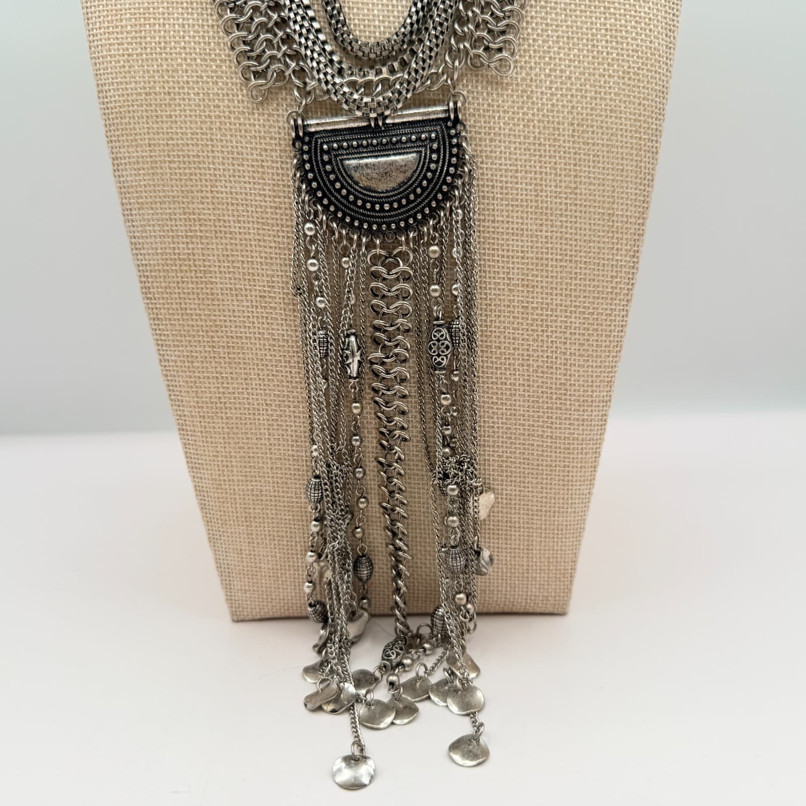Vintage 90s Silver Tone Fringe Bib Necklace Statement Women's Classic Jewelry - Thumbnail 2