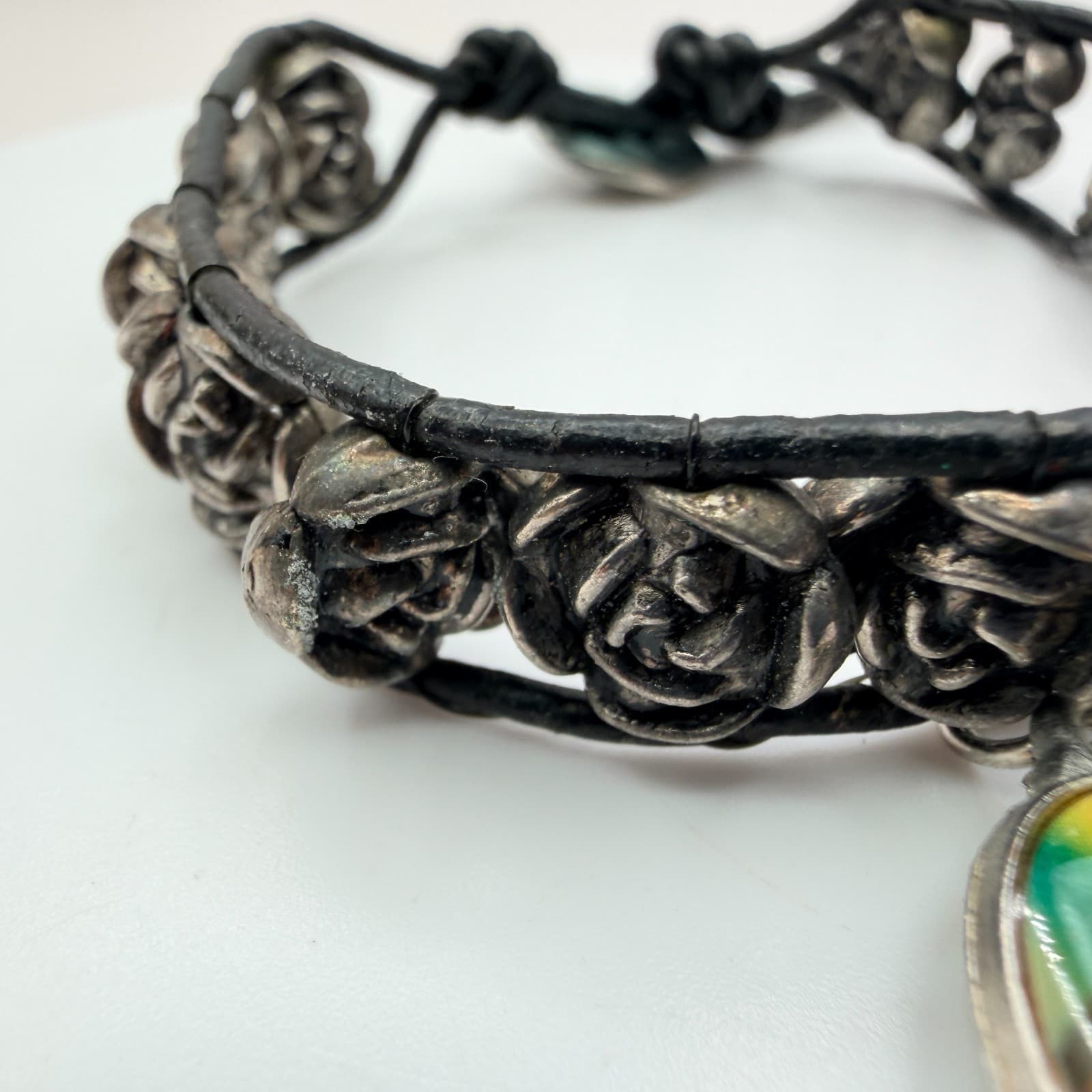 Vintage 90s Religious Saint Therese Charm Bracelet Black Leather Rose Beads - Thumbnail 4