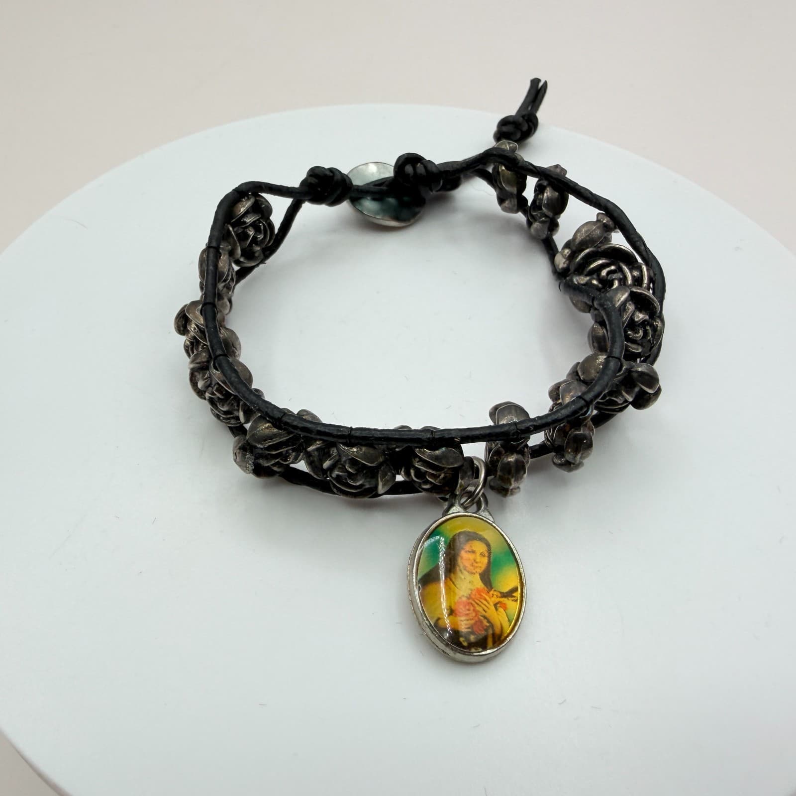 Vintage 90s Religious Saint Therese Charm Bracelet Black Leather Rose Beads - Thumbnail 5