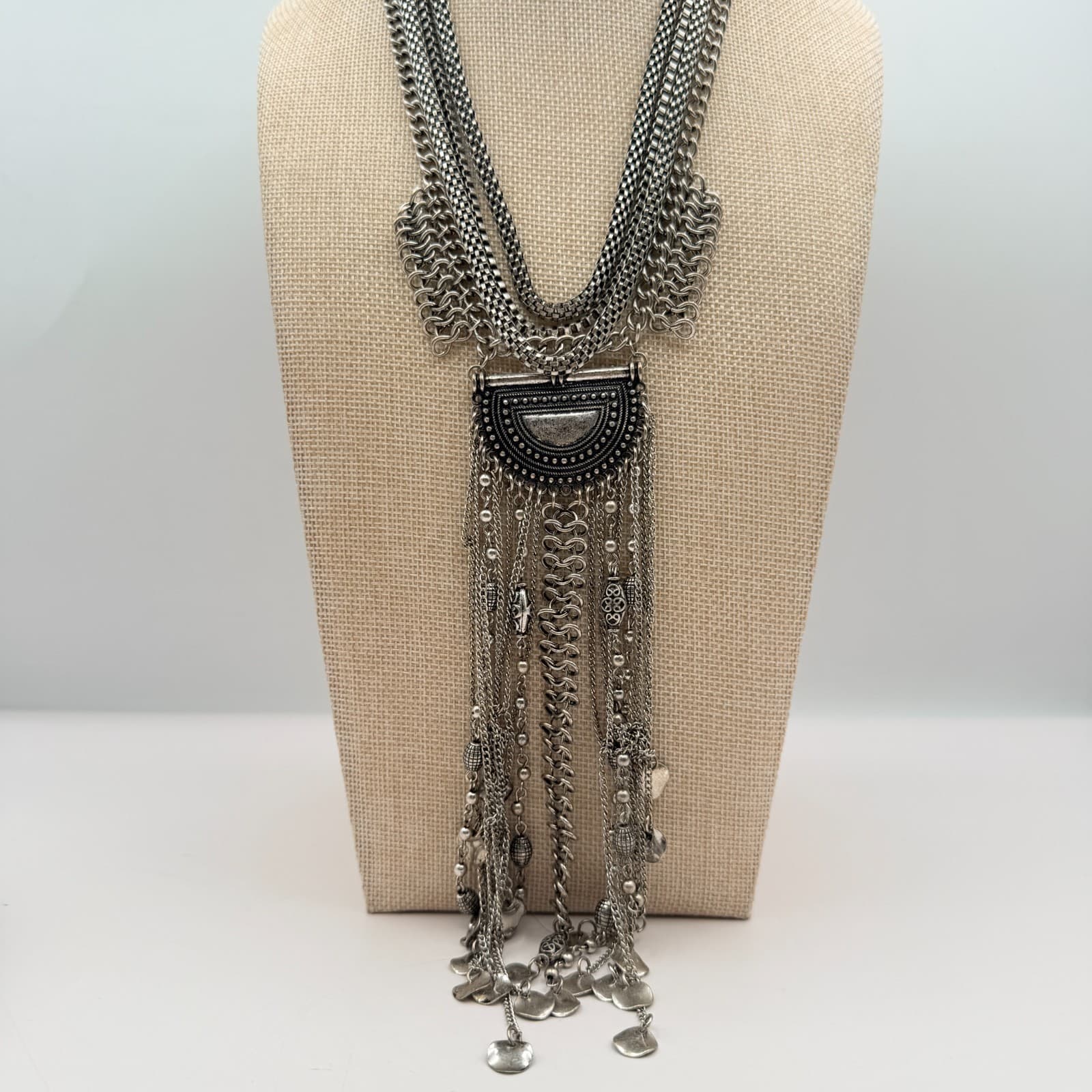 Vintage 90s Silver Tone Fringe Bib Necklace Statement Women's Classic Jewelry - Image 1