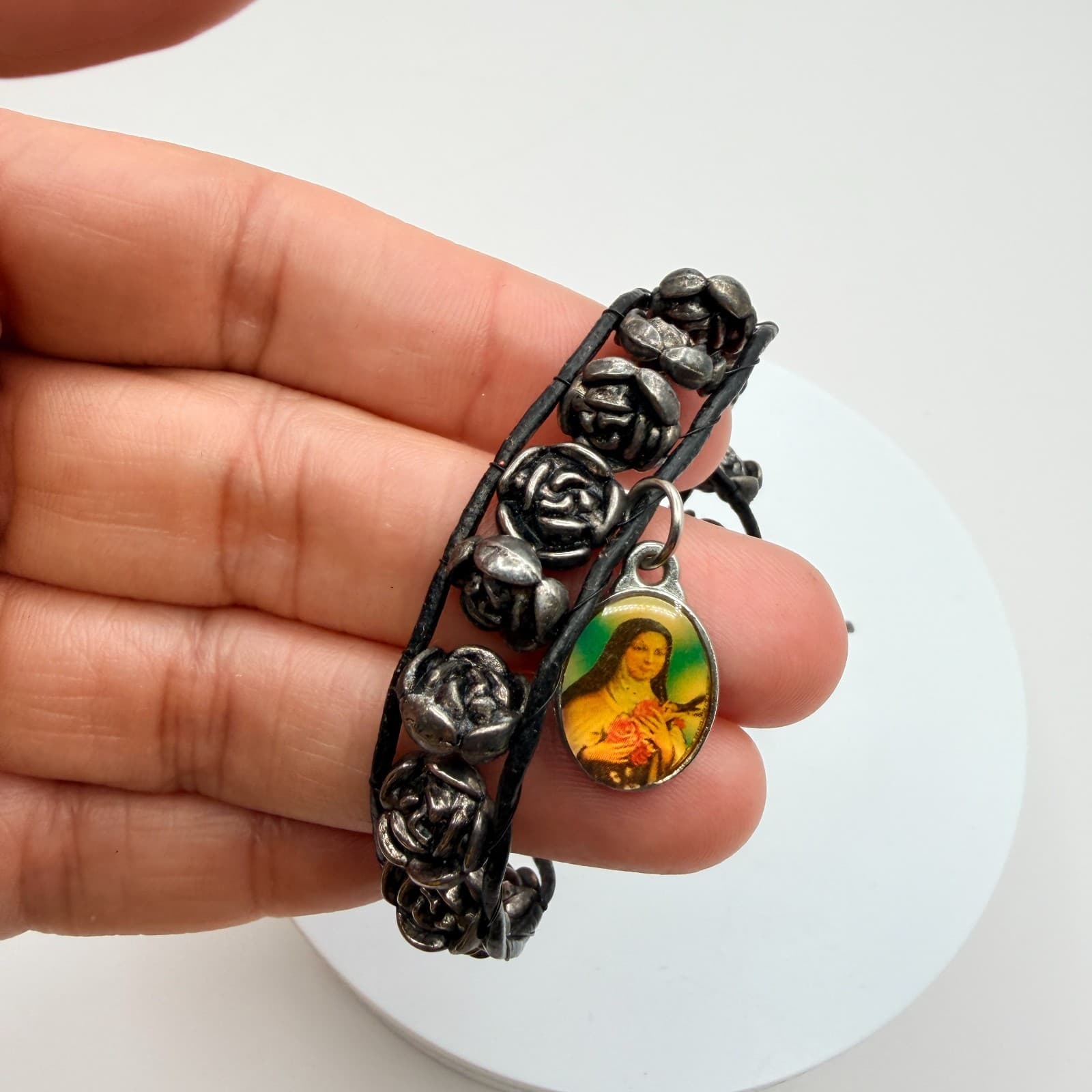 Vintage 90s Religious Saint Therese Charm Bracelet Black Leather Rose Beads - Thumbnail 8