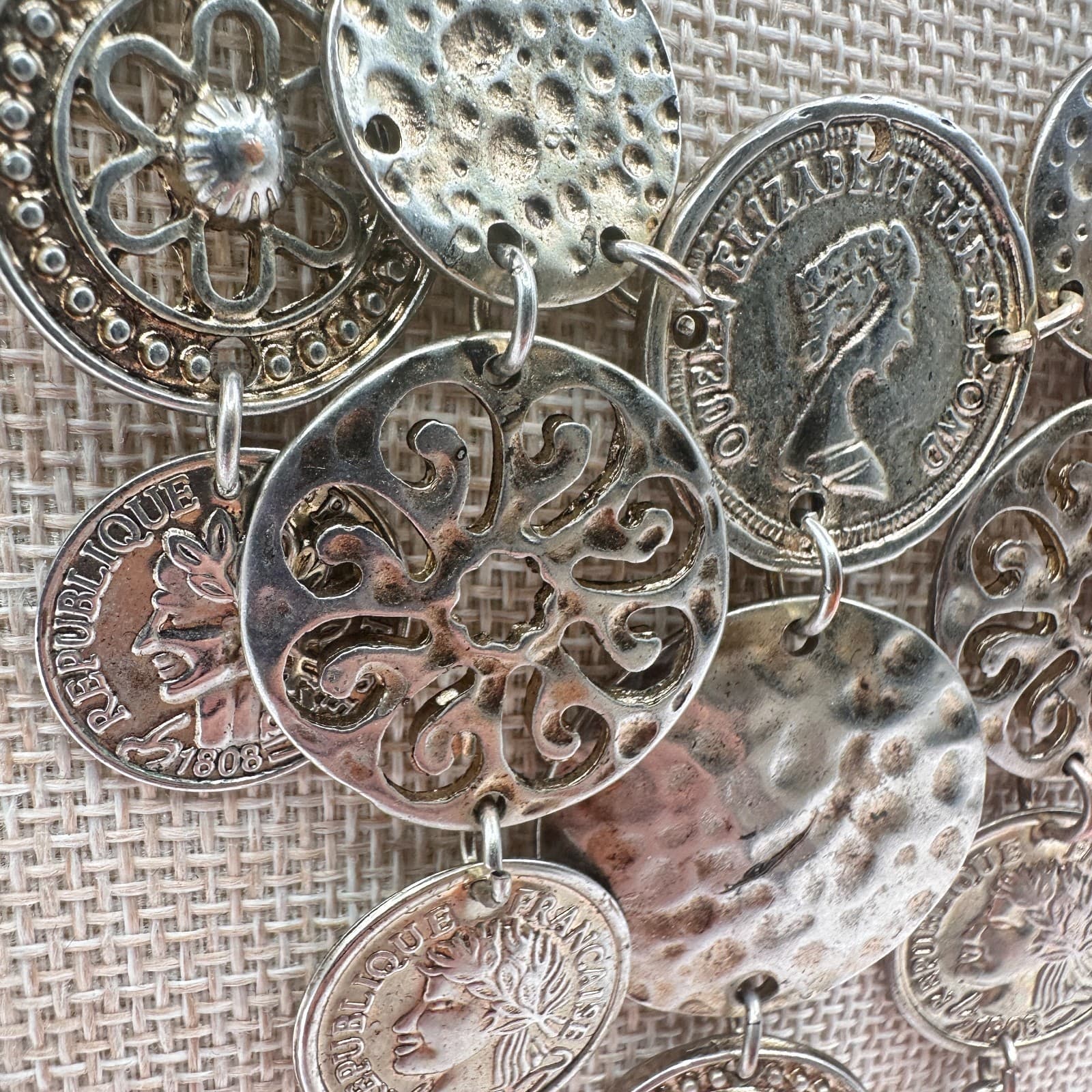 Vintage 80s Silver Tone Coin Medallion Statement Necklace Layered Tribal Jewelry - Thumbnail 4