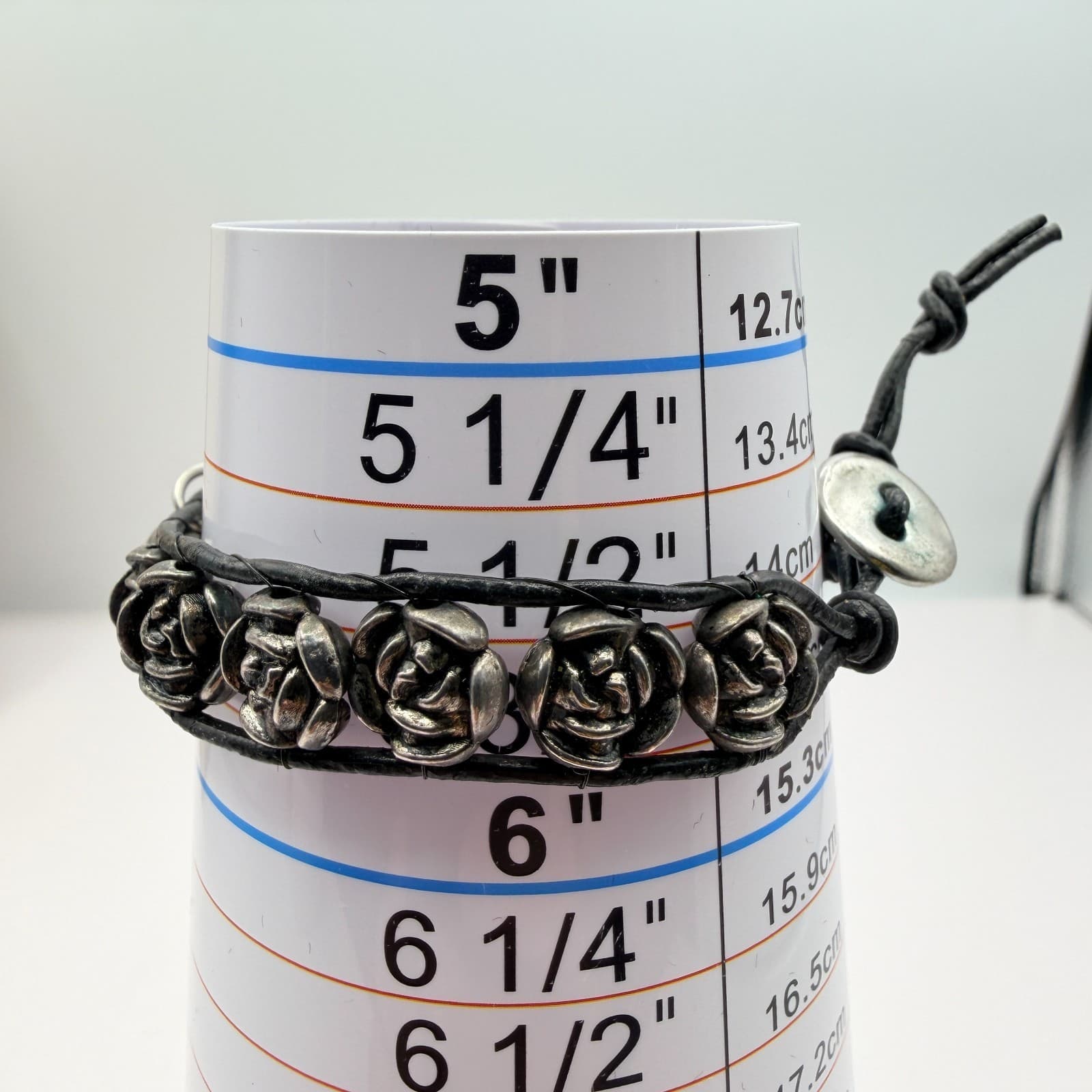 Vintage 90s Religious Saint Therese Charm Bracelet Black Leather Rose Beads - Thumbnail 9