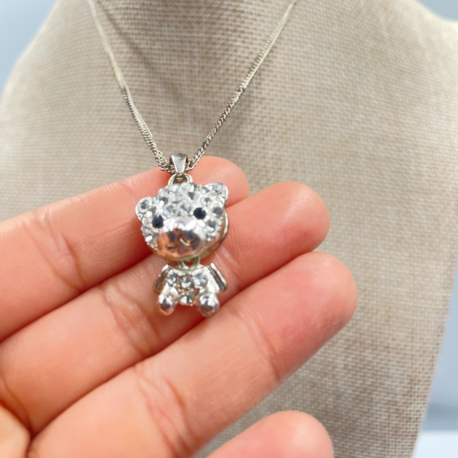 Adjustable Silver-Tone Curb Chain Rhinestone Pave Teddy Bear Pendant Necklace - Thumbnail 2