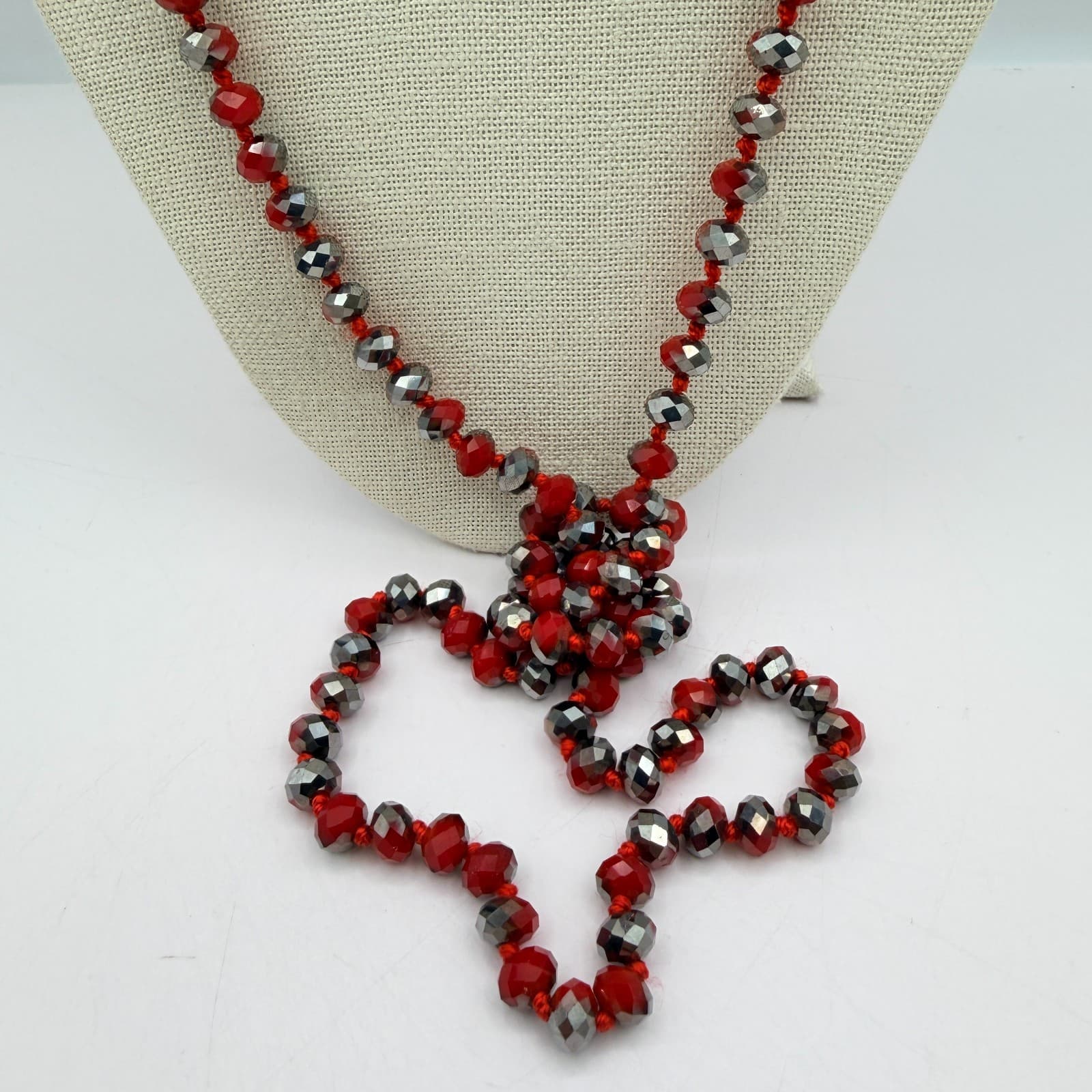 Vintage 90s Red Grey Beaded Necklace Long Flapper Knotted Women's Jewelry - Thumbnail 4