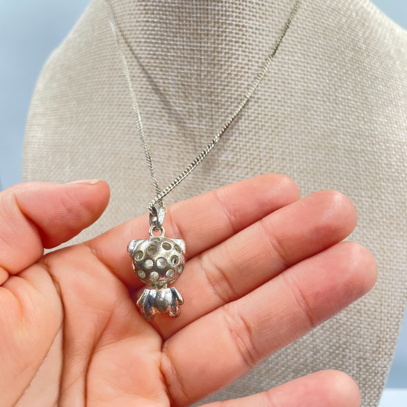 Adjustable Silver-Tone Curb Chain Rhinestone Pave Teddy Bear Pendant Necklace - Thumbnail 3