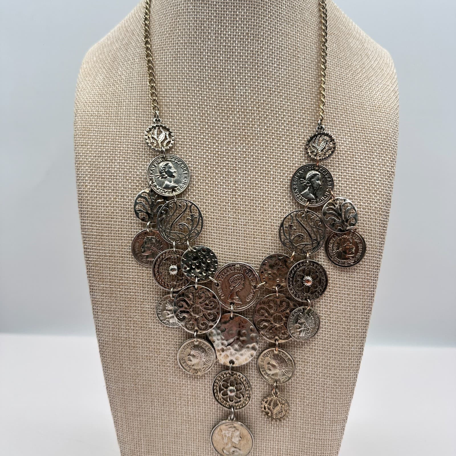 Vintage 80s Silver Tone Coin Medallion Statement Necklace Layered Tribal Jewelry - Thumbnail 2