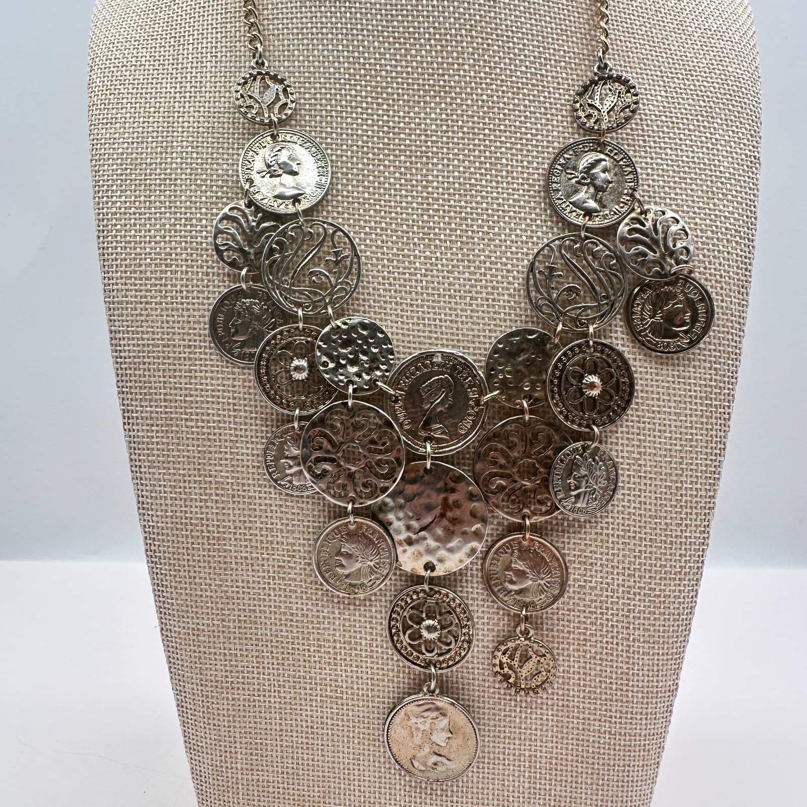 Vintage 80s Silver Tone Coin Medallion Statement Necklace Layered Tribal Jewelry - Image 1