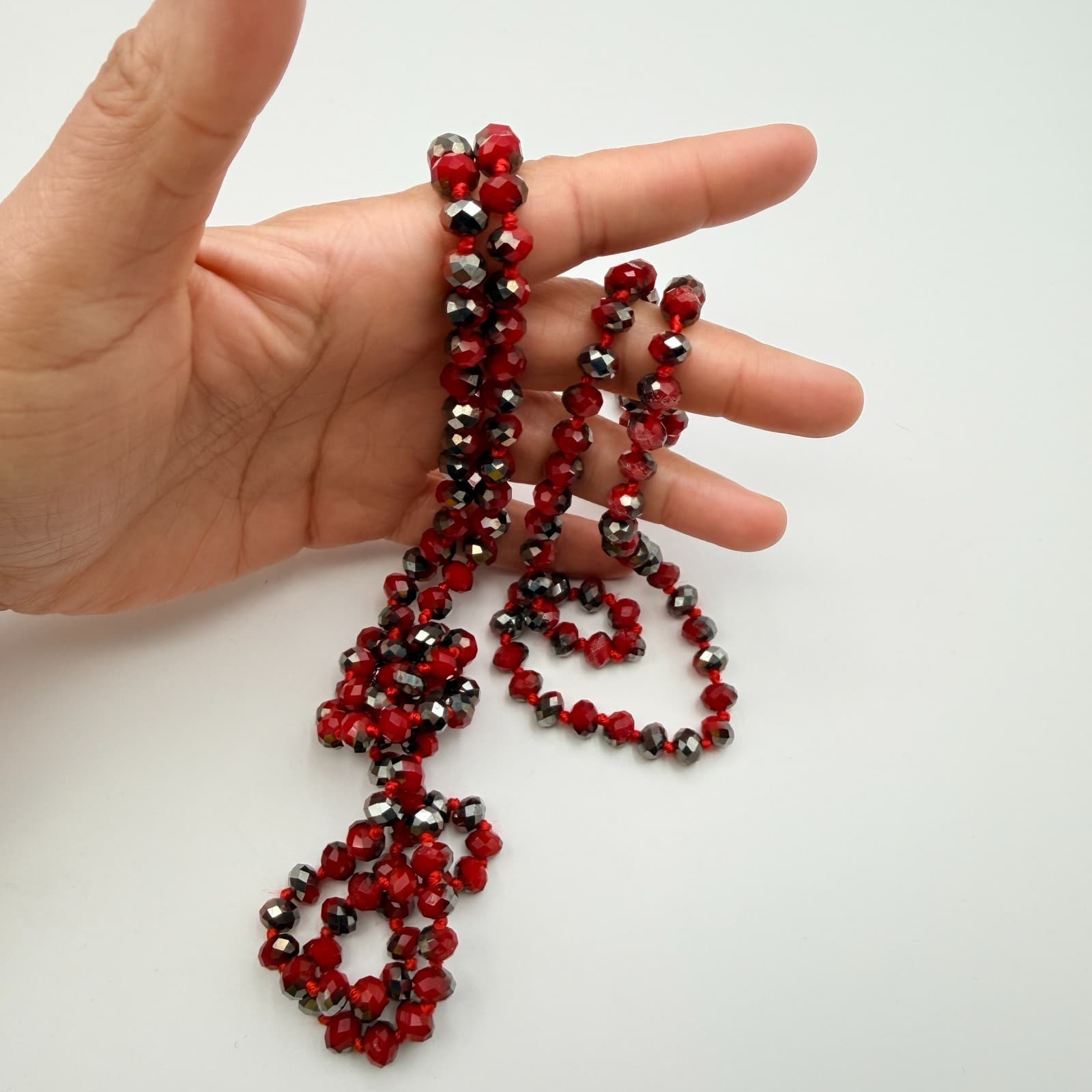 Vintage 90s Red Grey Beaded Necklace Long Flapper Knotted Women's Jewelry - Thumbnail 6