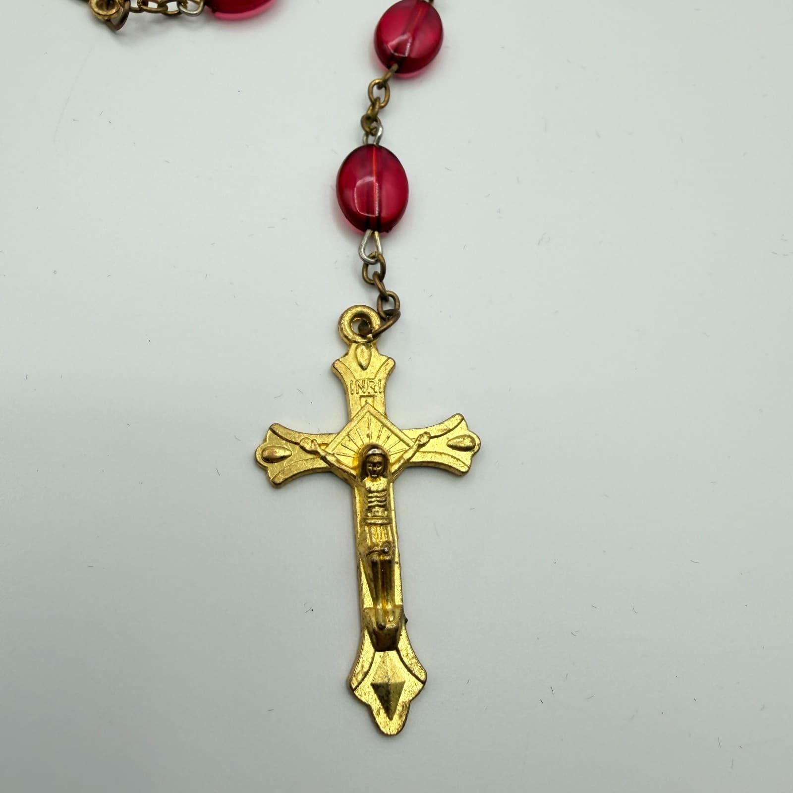 Vintage 80s St. Therese Rosary Red Glass Beads Gold Tone Crucifix Catholic - Image 1