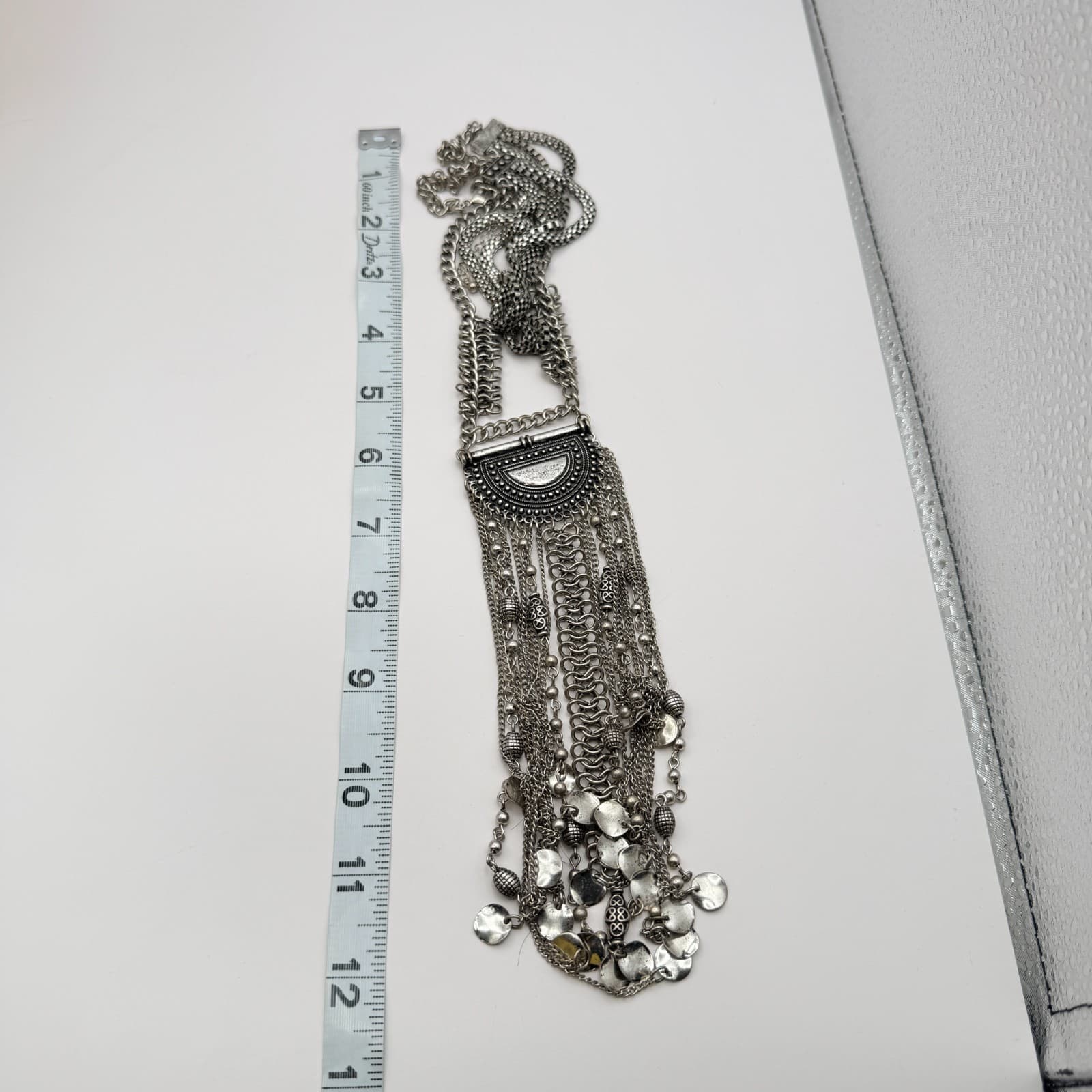 Vintage 90s Silver Tone Fringe Bib Necklace Statement Women's Classic Jewelry - Thumbnail 10