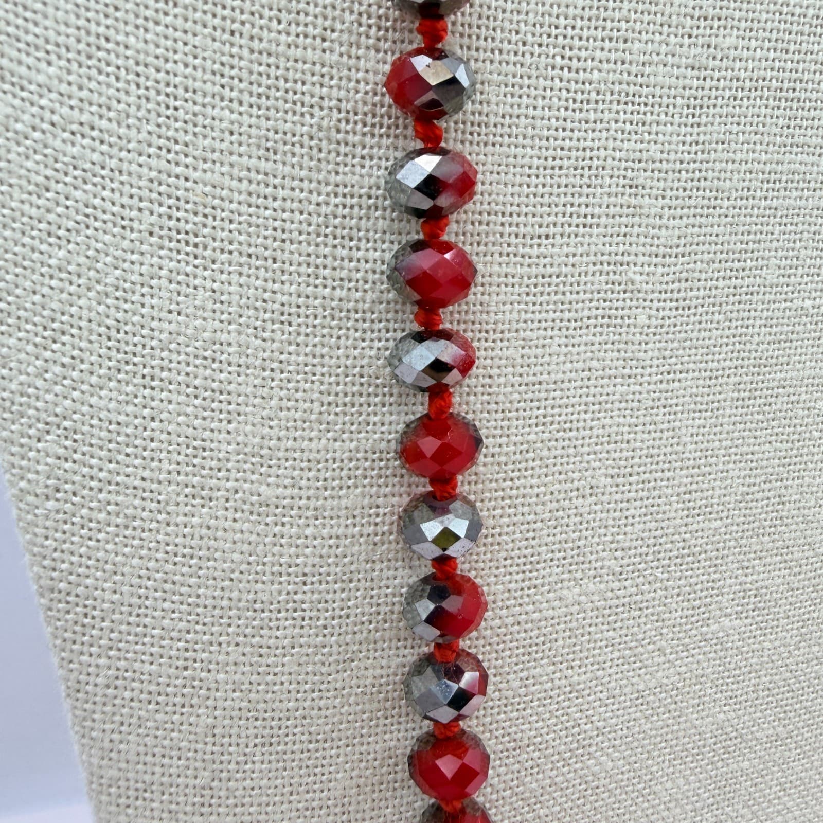 Vintage 90s Red Grey Beaded Necklace Long Flapper Knotted Women's Jewelry - Thumbnail 7