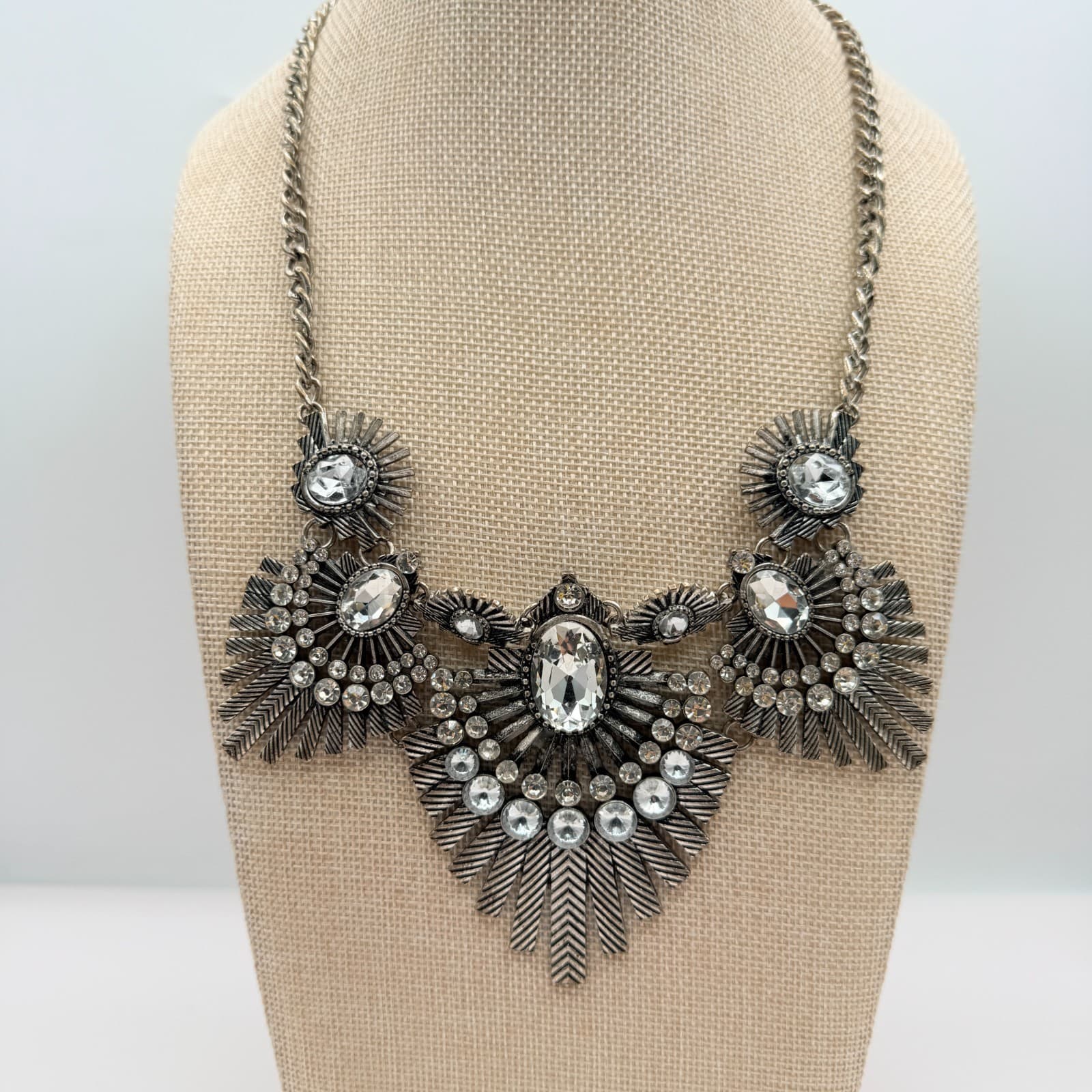 Vintage 80s Silver Tone Biblical Bib Statement Necklace Clear Glass Jewelry - Thumbnail 2