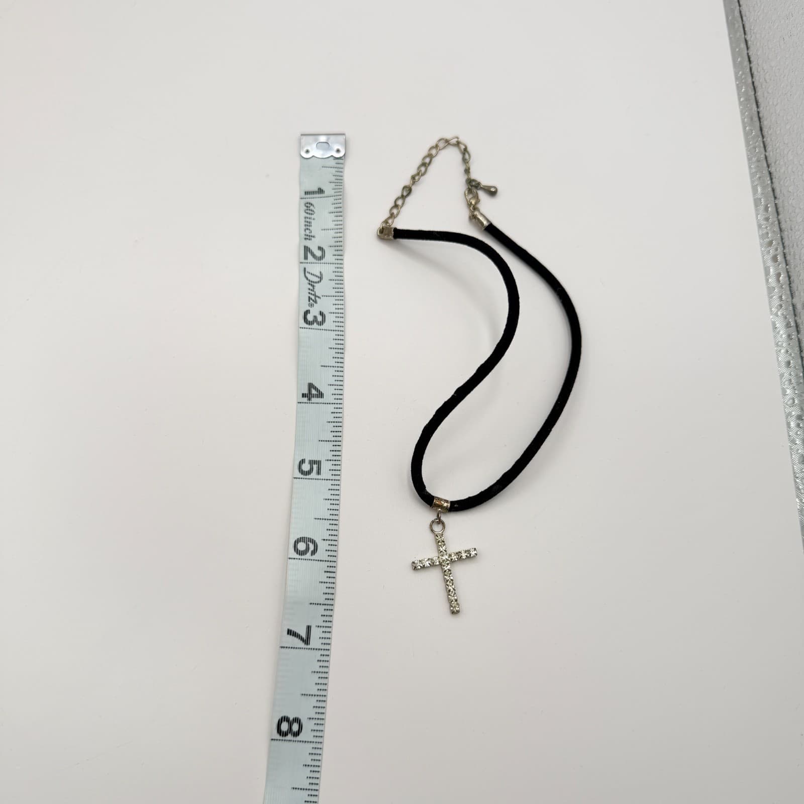 Vintage 90s Silver Tone Clear Glass Cross Pendant Necklace Black Cord Choker - Thumbnail 9