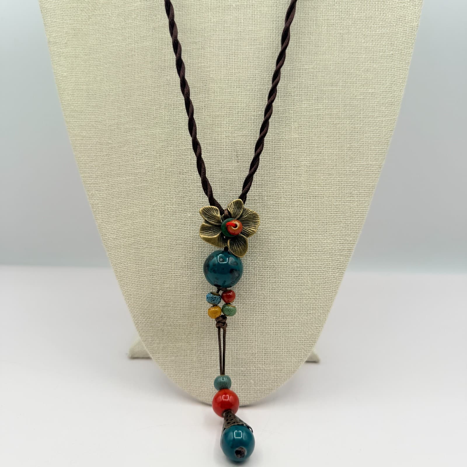 Vintage 90s Flower Pendant Necklace Glass Beads Brown Silk Cord Boho Jewelry - Thumbnail 2