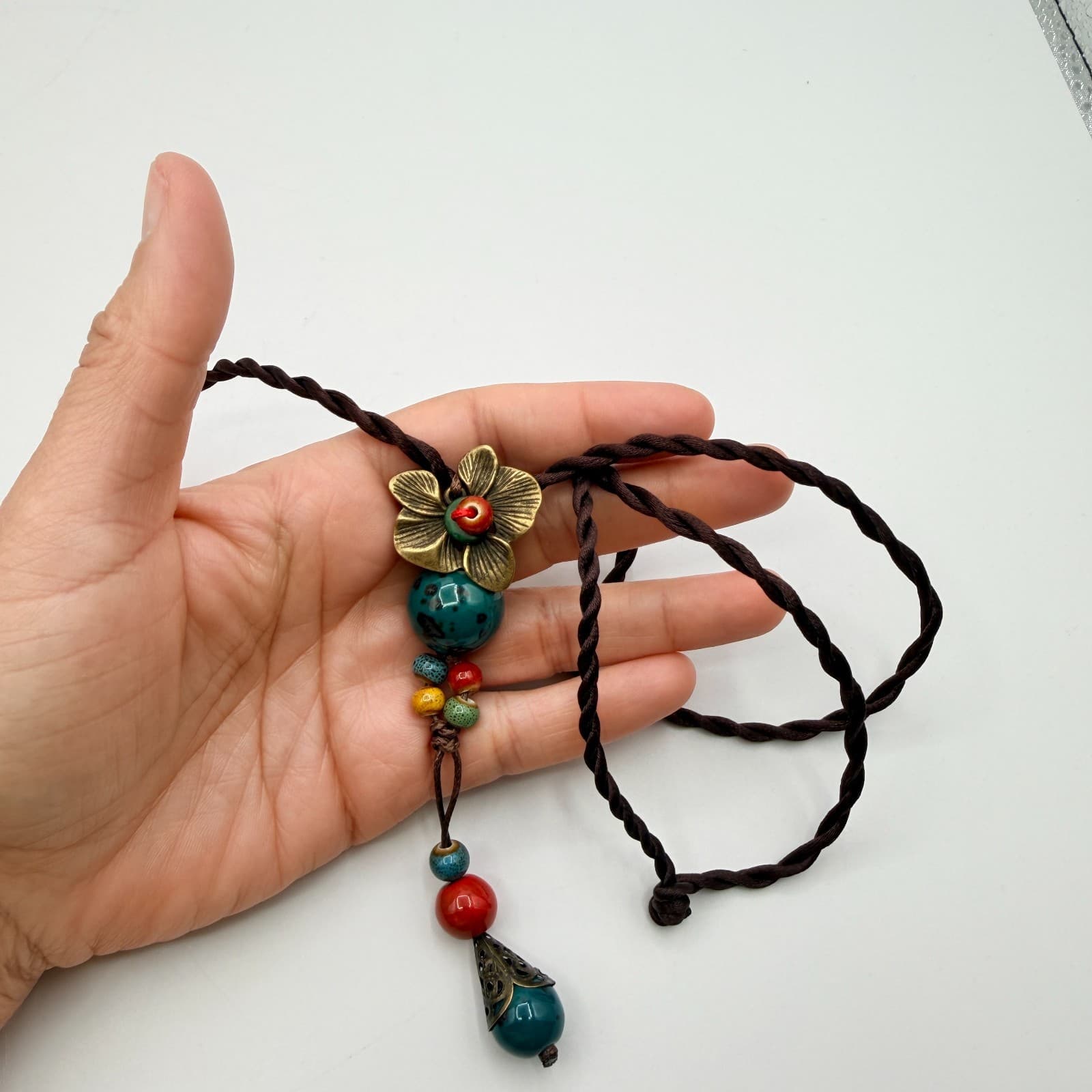 Vintage 90s Flower Pendant Necklace Glass Beads Brown Silk Cord Boho Jewelry - Thumbnail 7