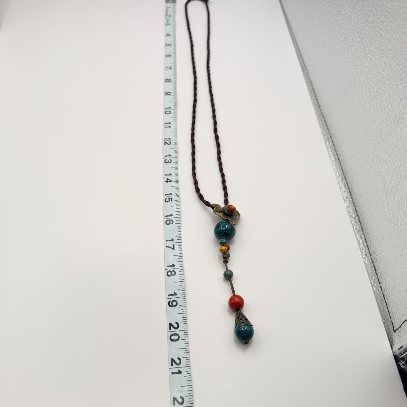 Vintage 90s Flower Pendant Necklace Glass Beads Brown Silk Cord Boho Jewelry - Thumbnail 8