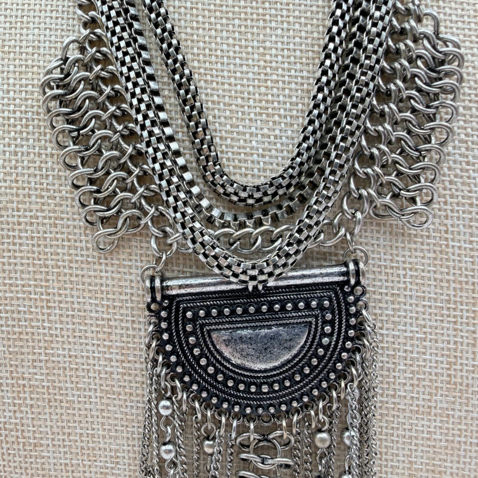 Vintage 90s Silver Tone Fringe Bib Necklace Statement Women's Classic Jewelry - Thumbnail 3
