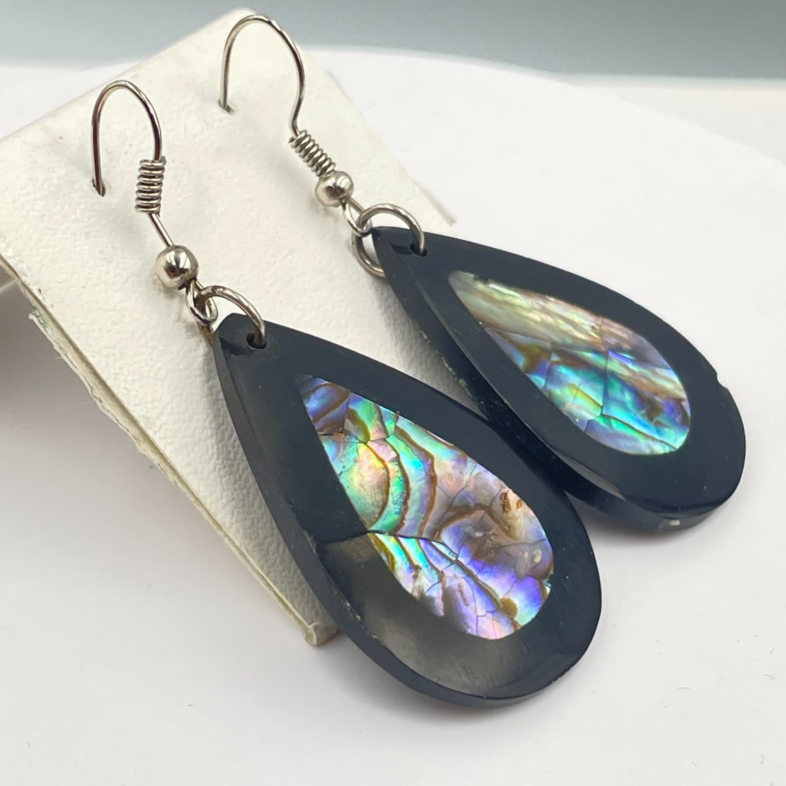 VTG Silver-Tone Iridescent Abalone Shells Inlay Teardrop Dangle Hook Earrings - Thumbnail 4