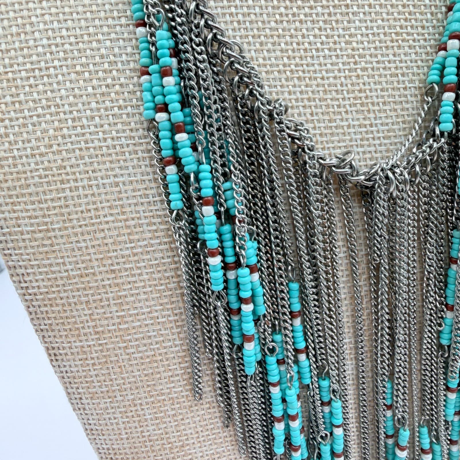 Vintage 90s Multi Strand Silver Tone Fringe Necklace Glass Beaded Boho Jewelry - Thumbnail 5
