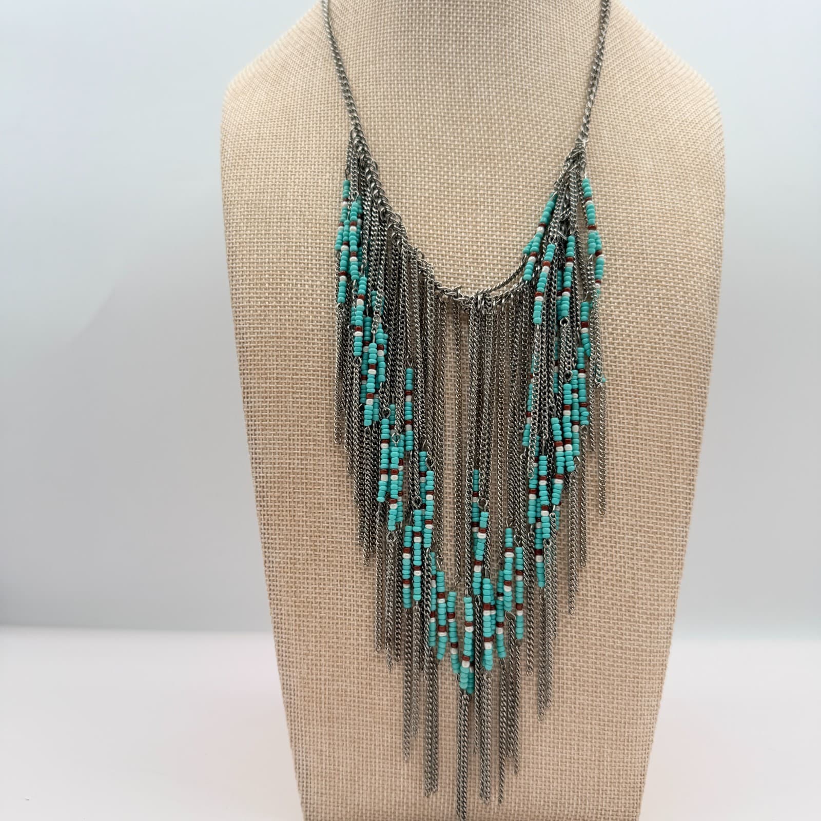 Vintage 90s Multi Strand Silver Tone Fringe Necklace Glass Beaded Boho Jewelry - Thumbnail 6