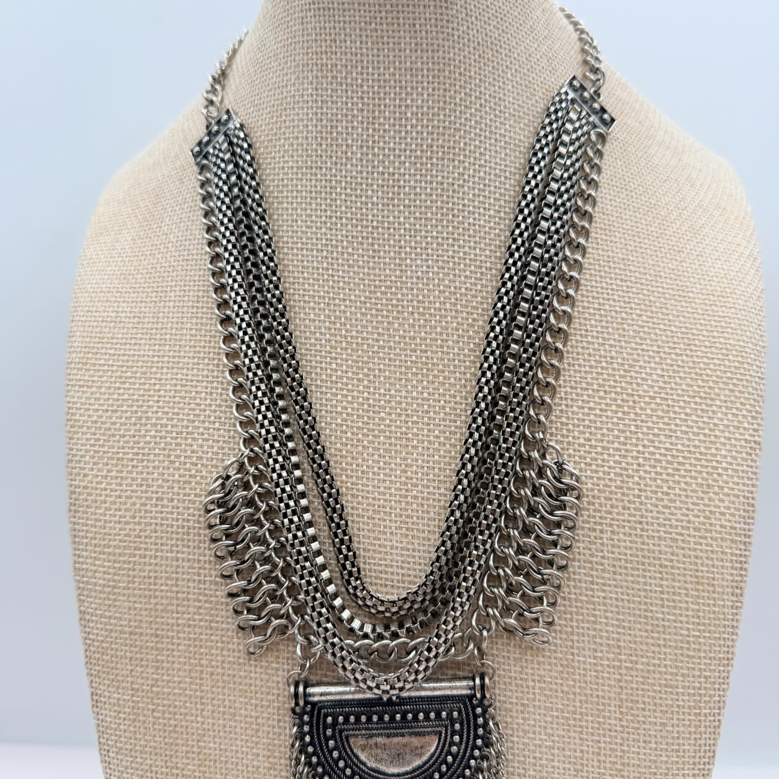 Vintage 90s Silver Tone Fringe Bib Necklace Statement Women's Classic Jewelry - Thumbnail 4