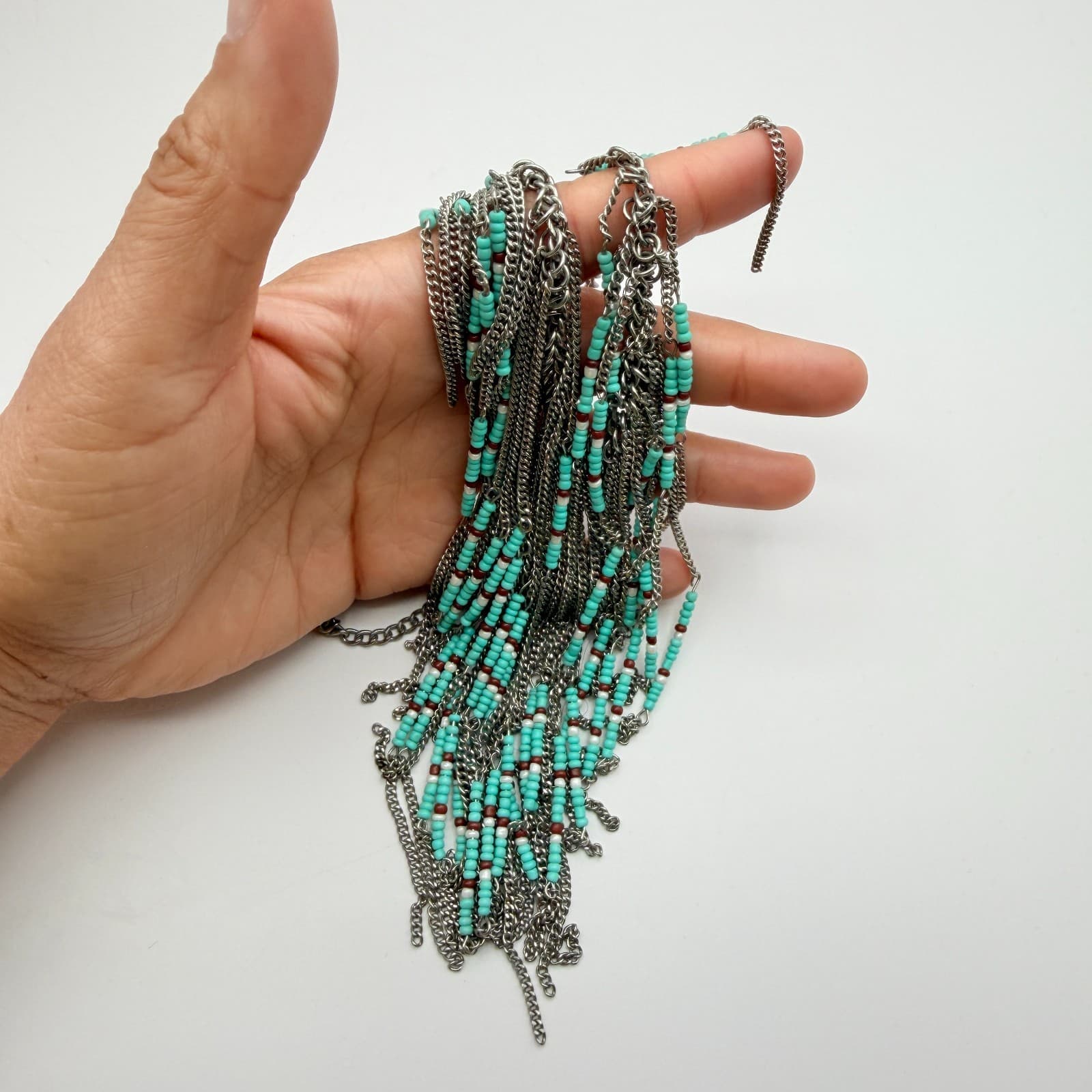 Vintage 90s Multi Strand Silver Tone Fringe Necklace Glass Beaded Boho Jewelry - Thumbnail 8