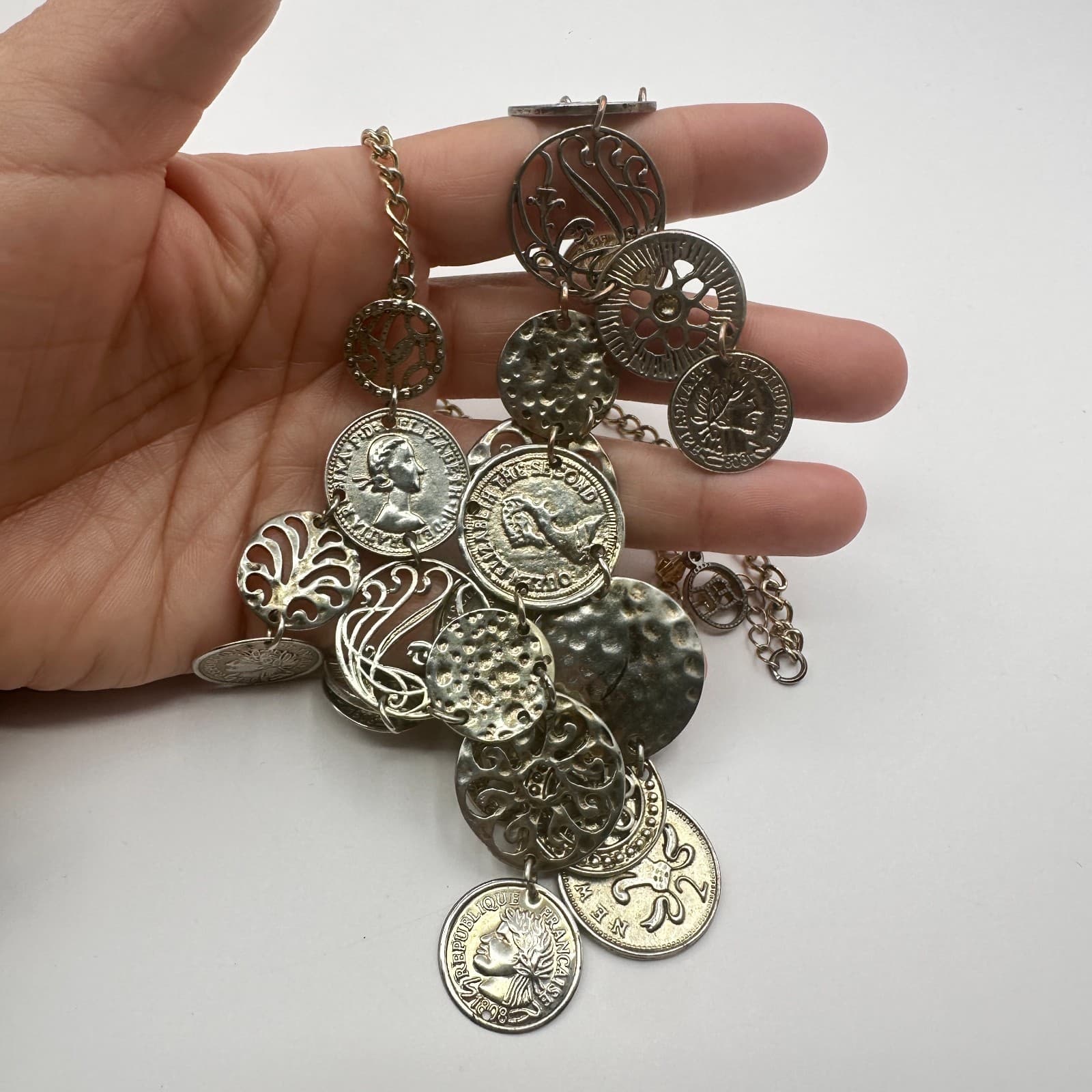 Vintage 80s Silver Tone Coin Medallion Statement Necklace Layered Tribal Jewelry - Thumbnail 8