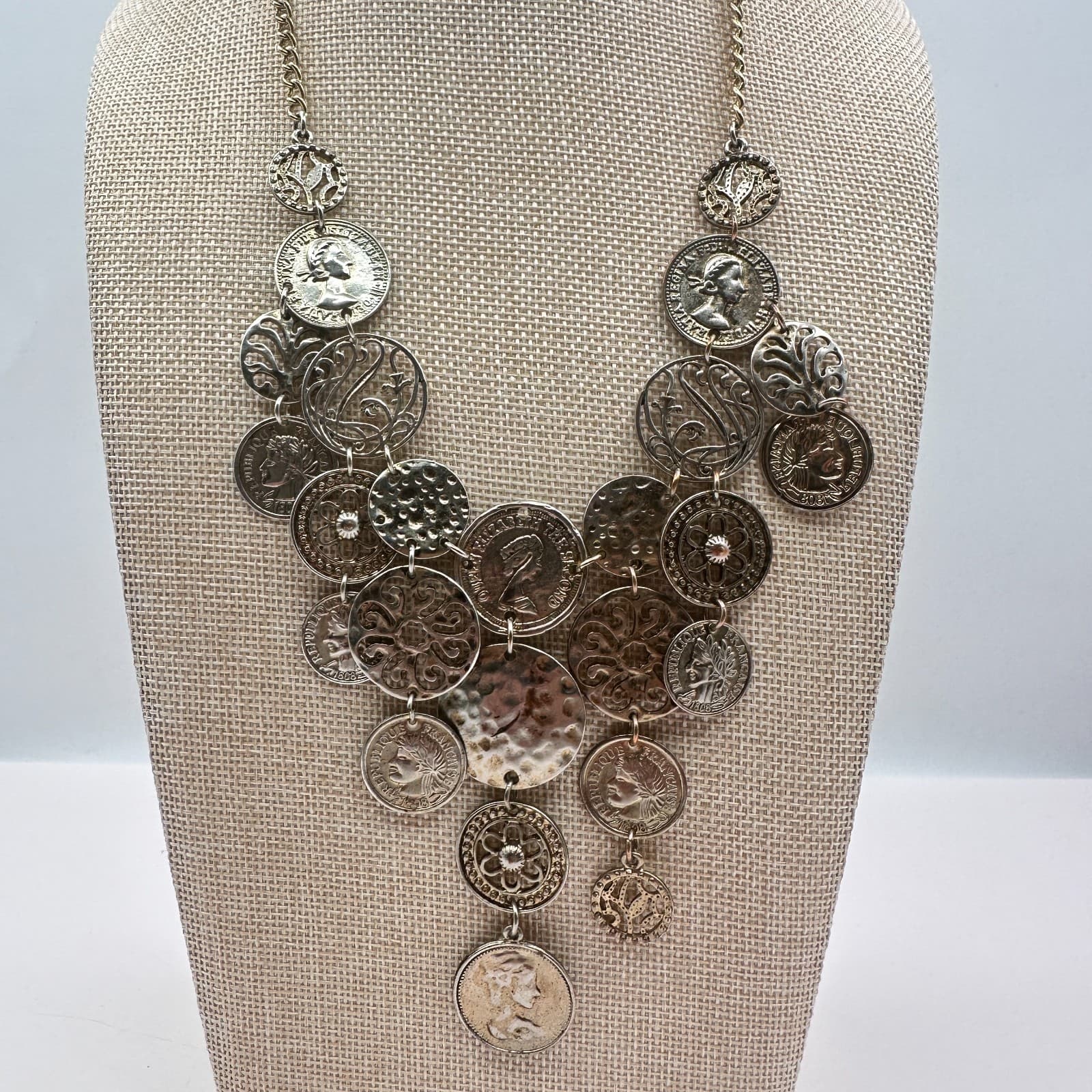 Vintage 80s Silver Tone Coin Medallion Statement Necklace Layered Tribal Jewelry - Thumbnail 5