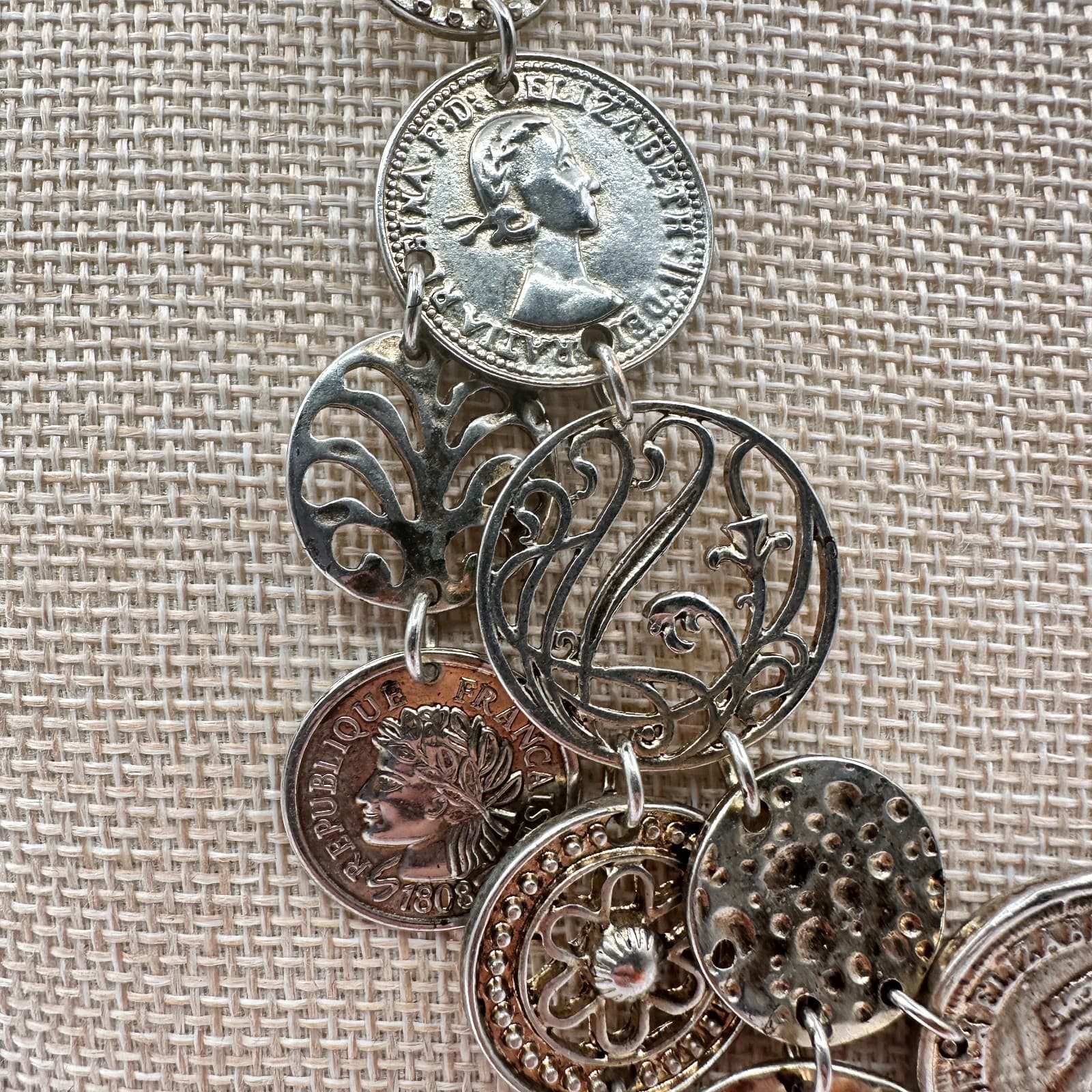 Vintage 80s Silver Tone Coin Medallion Statement Necklace Layered Tribal Jewelry - Thumbnail 3