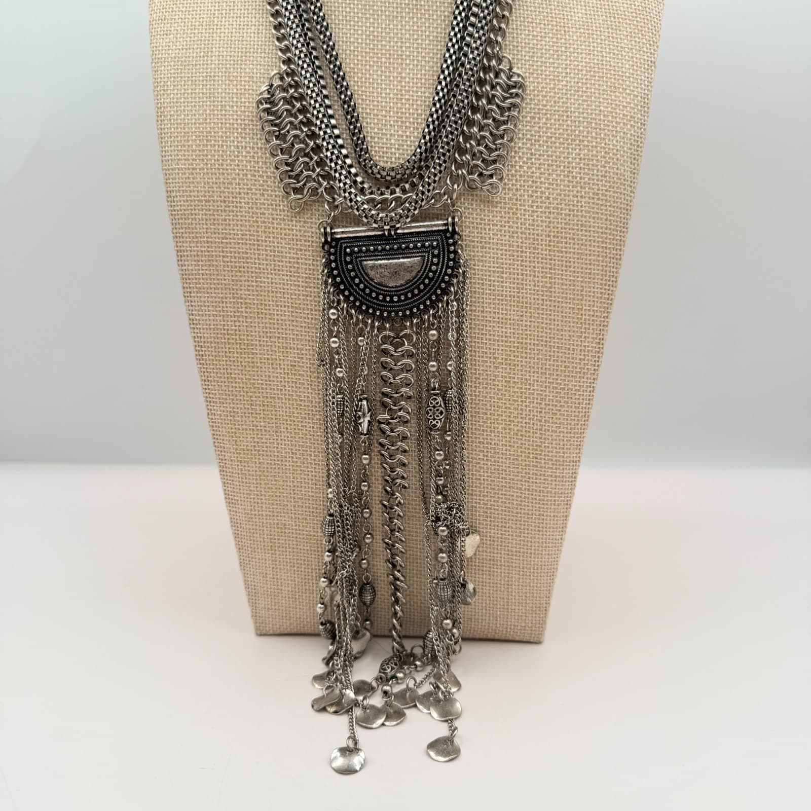 Vintage 90s Silver Tone Fringe Bib Necklace Statement Women's Classic Jewelry - Thumbnail 7