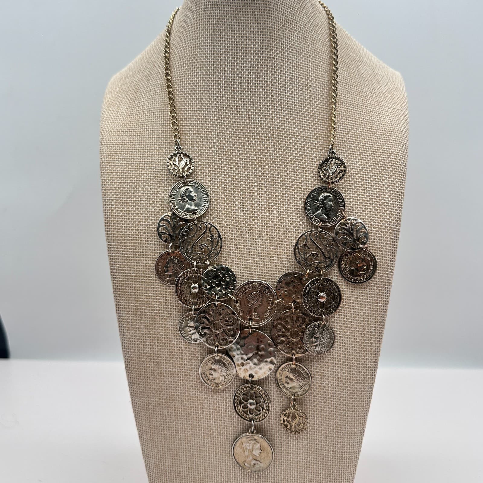 Vintage 80s Silver Tone Coin Medallion Statement Necklace Layered Tribal Jewelry - Thumbnail 6