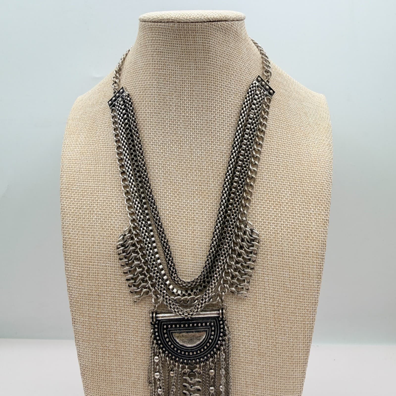 Vintage 90s Silver Tone Fringe Bib Necklace Statement Women's Classic Jewelry - Thumbnail 5