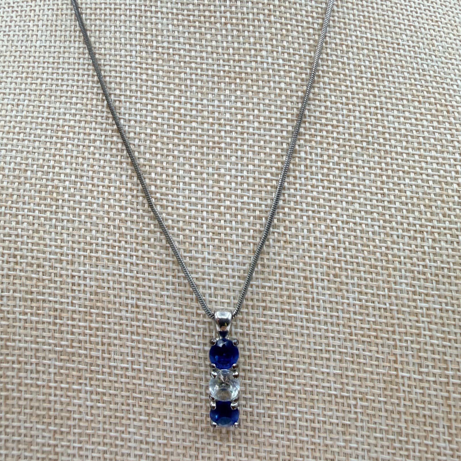 Vintage 90s Silver Tone Blue & White Glass Drop Pendant Snake Chain Necklace - Thumbnail 2