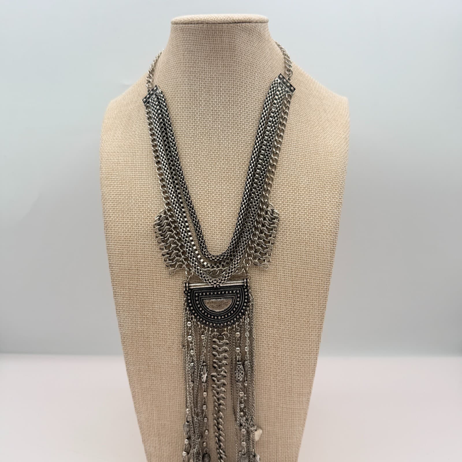 Vintage 90s Silver Tone Fringe Bib Necklace Statement Women's Classic Jewelry - Thumbnail 6