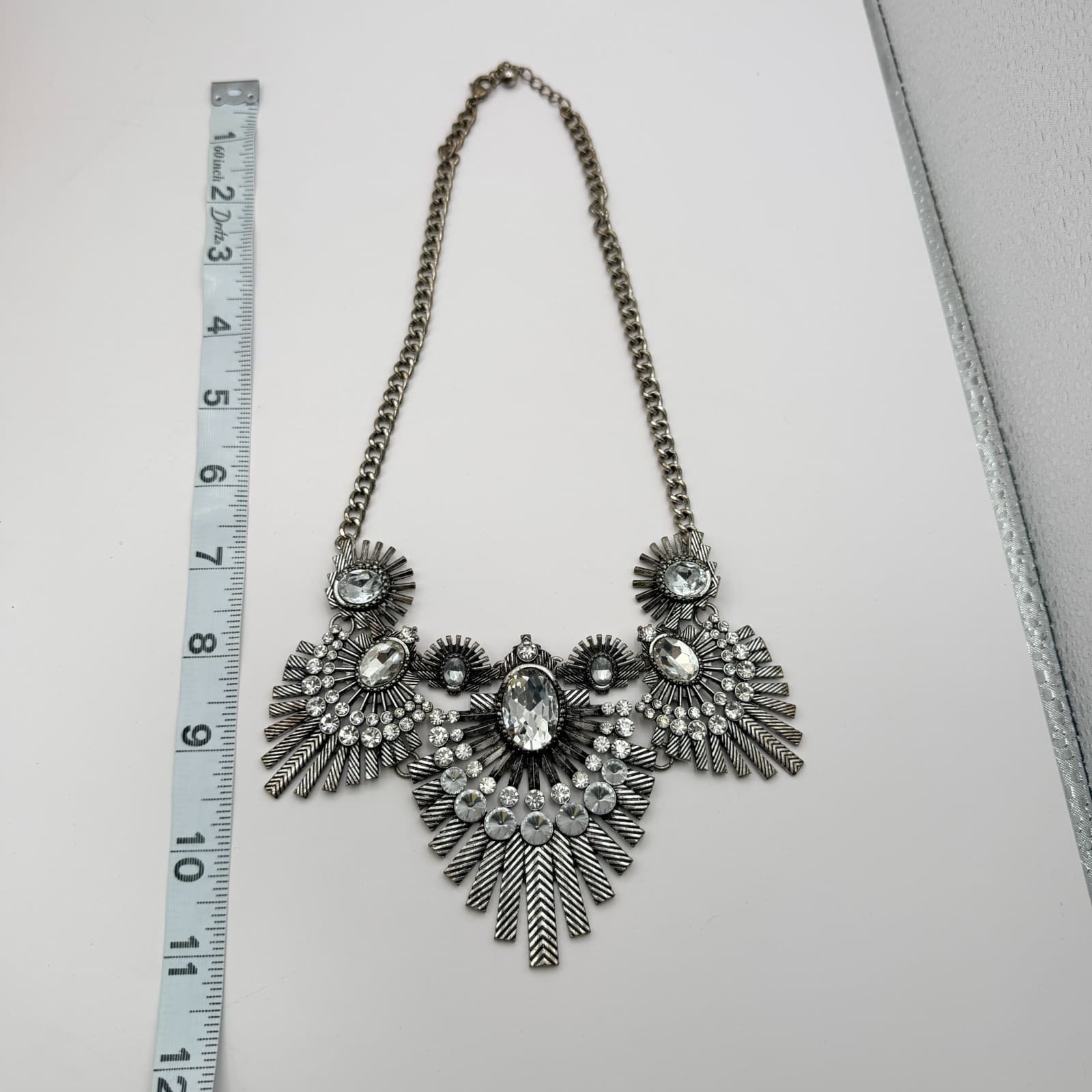 Vintage 80s Silver Tone Biblical Bib Statement Necklace Clear Glass Jewelry - Thumbnail 10