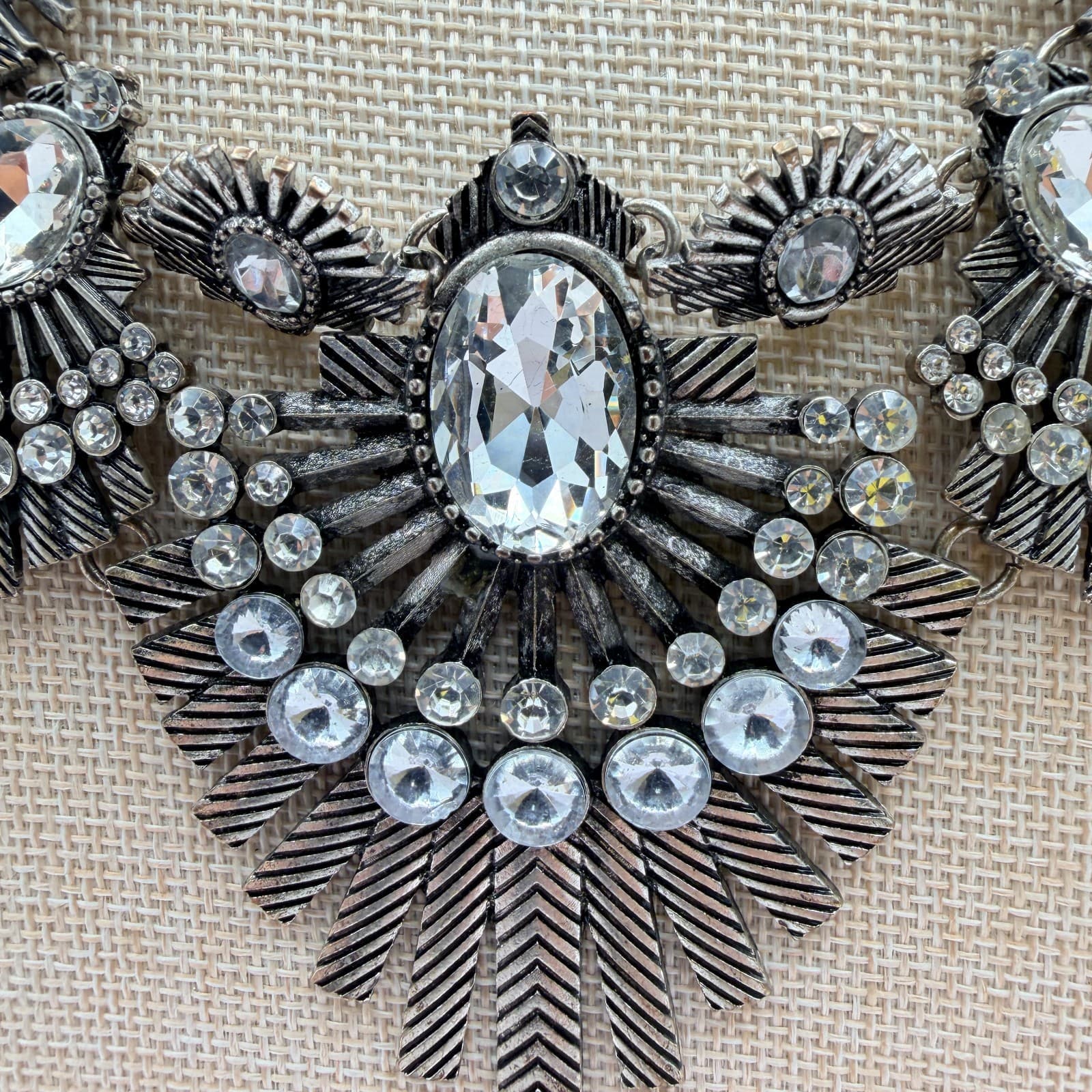 Vintage 80s Silver Tone Biblical Bib Statement Necklace Clear Glass Jewelry - Thumbnail 5