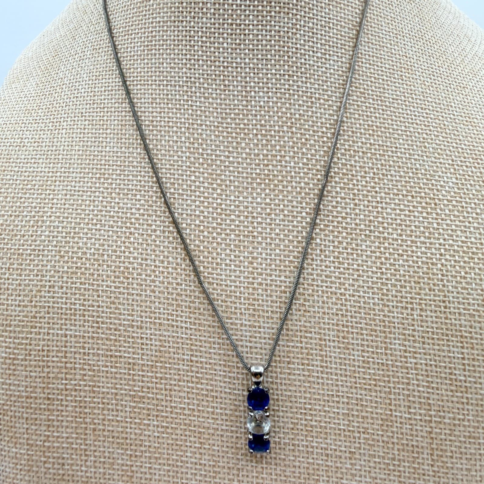 Vintage 90s Silver Tone Blue & White Glass Drop Pendant Snake Chain Necklace - Thumbnail 3