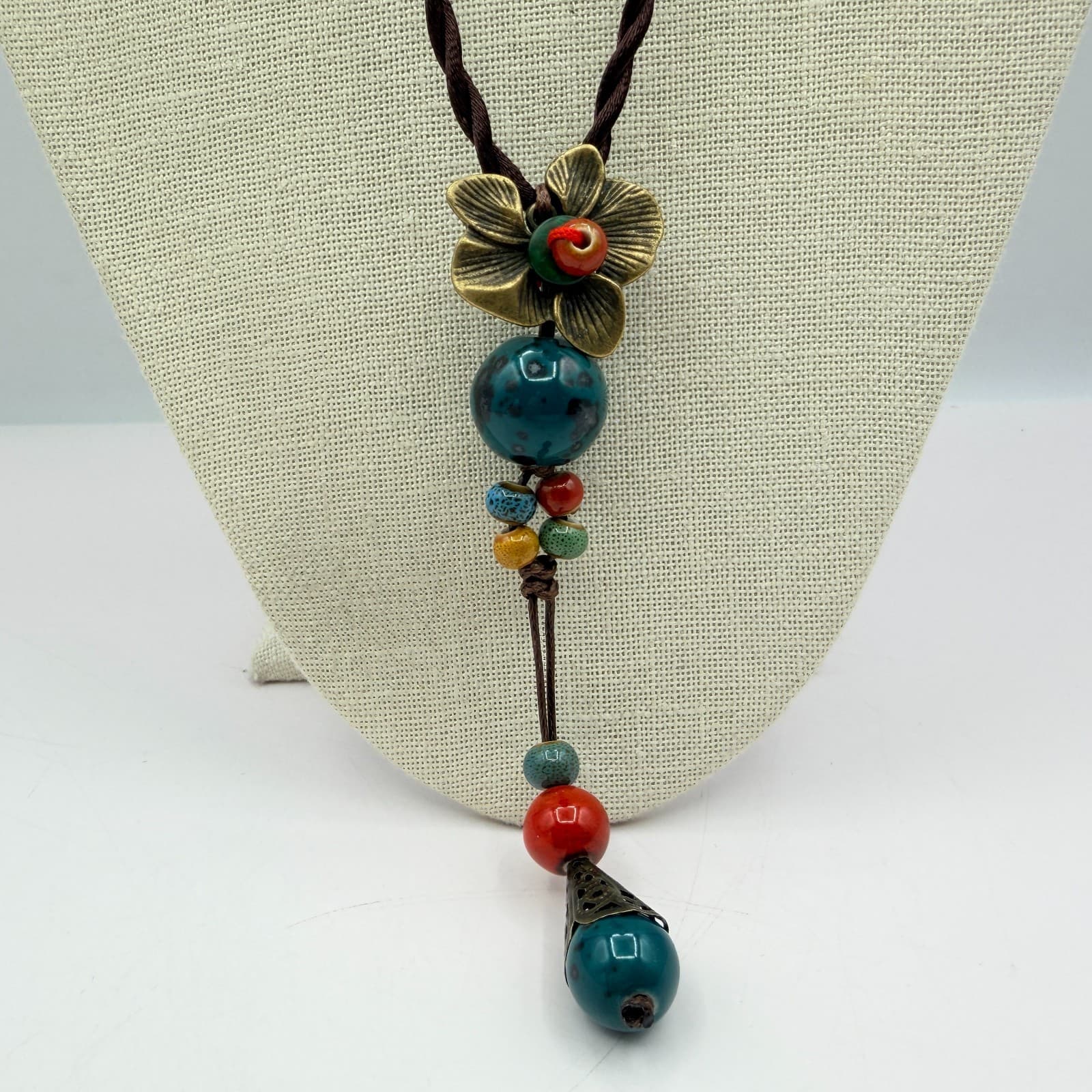 Vintage 90s Flower Pendant Necklace Glass Beads Brown Silk Cord Boho Jewelry - Image 1