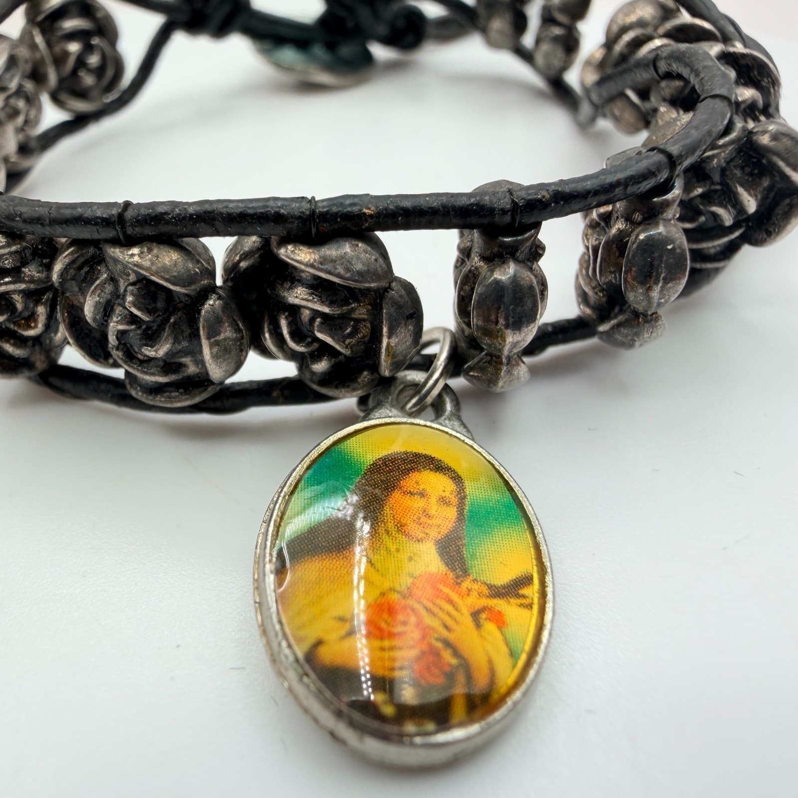 Vintage 90s Religious Saint Therese Charm Bracelet Black Leather Rose Beads - Thumbnail 3