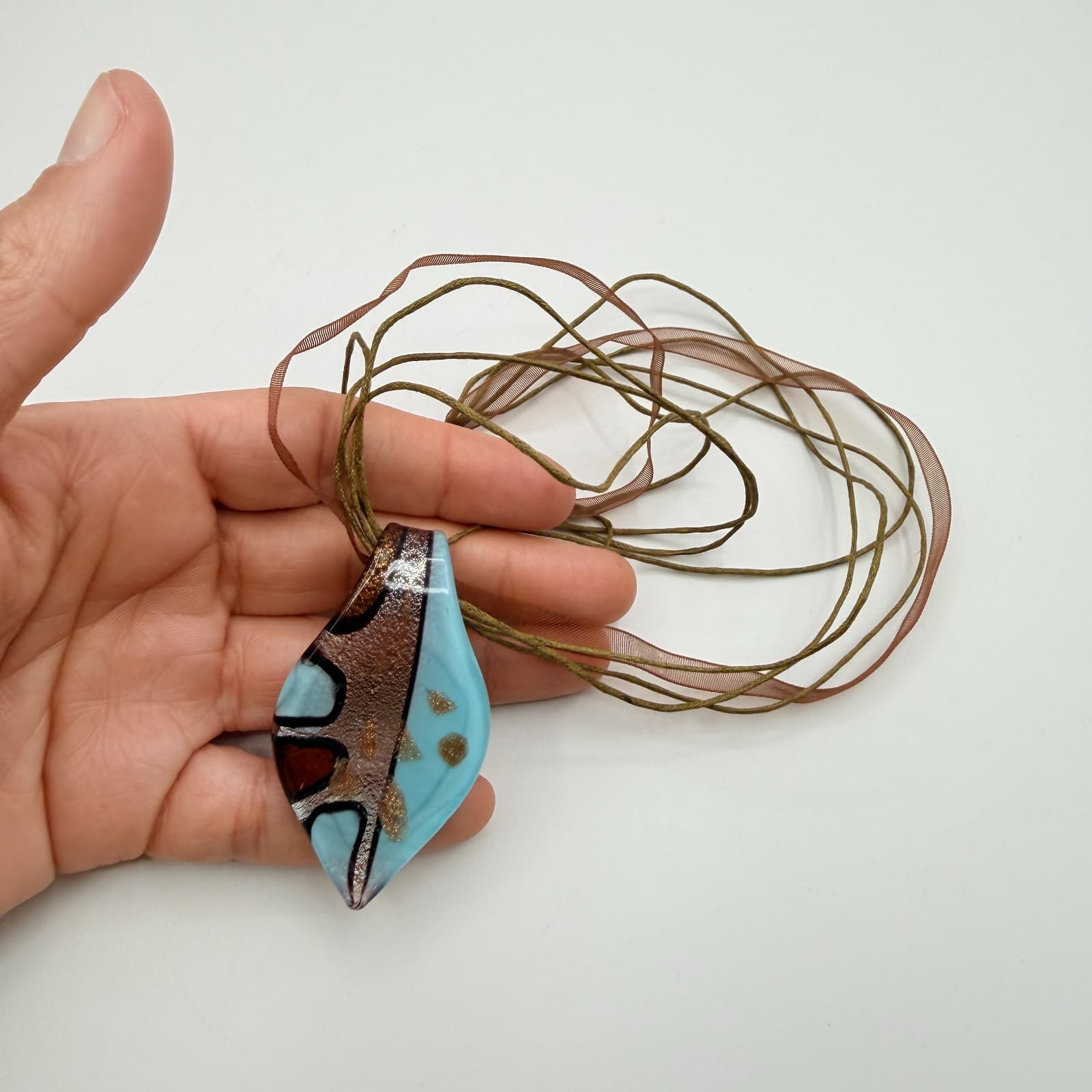 Vintage Y2K Silk Ribbon Murano Glass Pendant Necklace Women's Classic Jewelry - Thumbnail 7