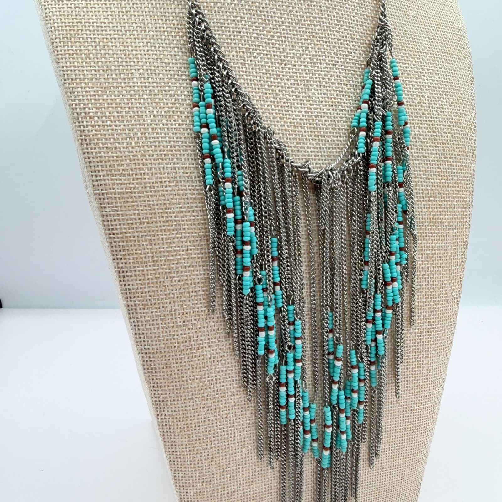 Vintage 90s Multi Strand Silver Tone Fringe Necklace Glass Beaded Boho Jewelry - Thumbnail 4