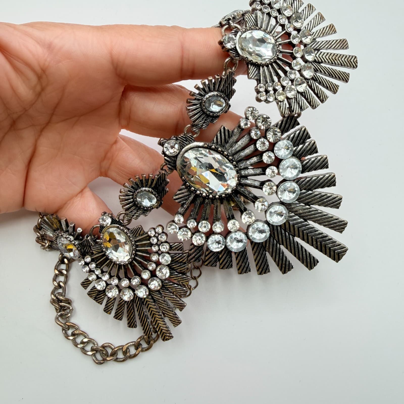 Vintage 80s Silver Tone Biblical Bib Statement Necklace Clear Glass Jewelry - Thumbnail 9